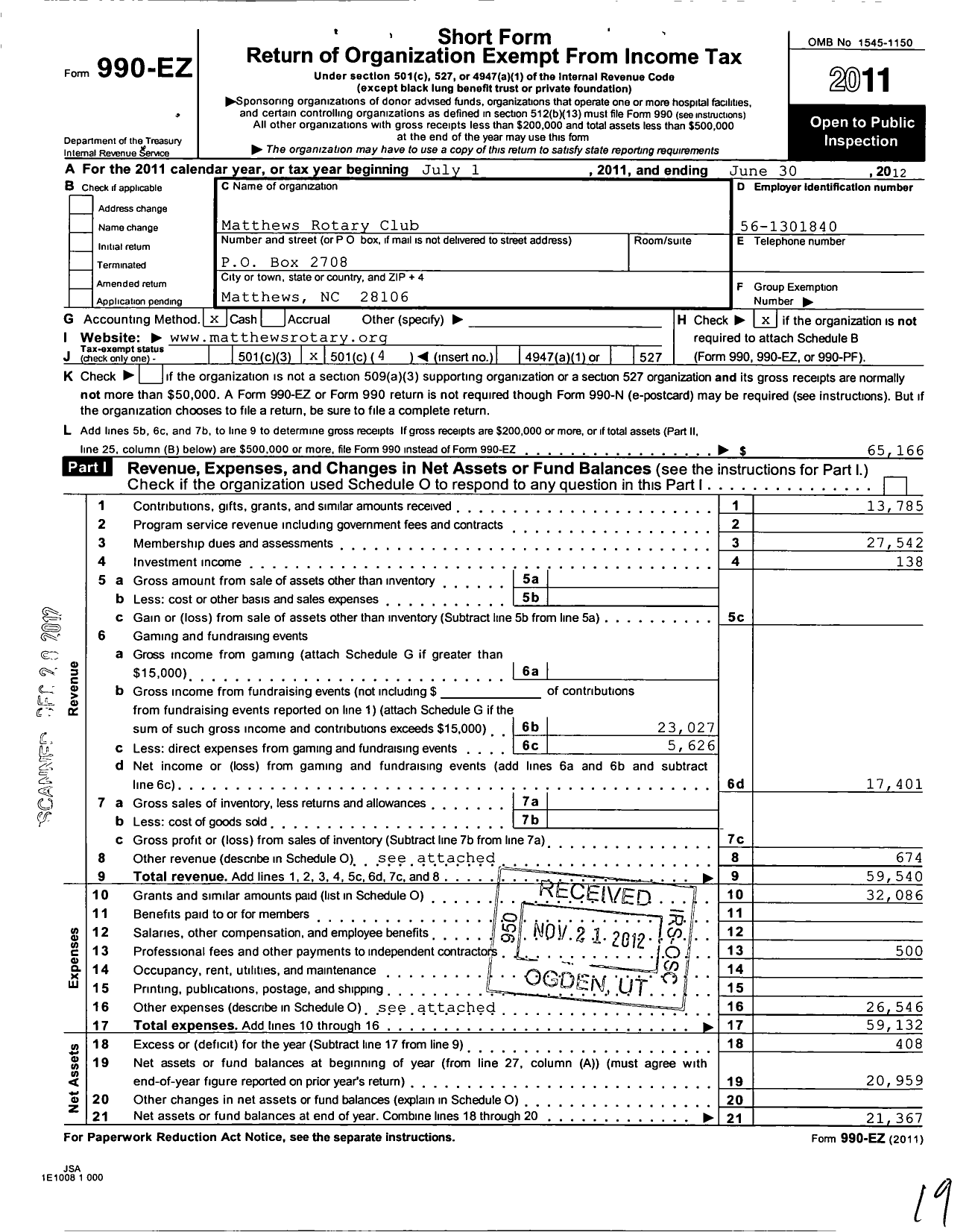 Image of first page of 2011 Form 990EO for Rotary International - Matthews Rotary Club