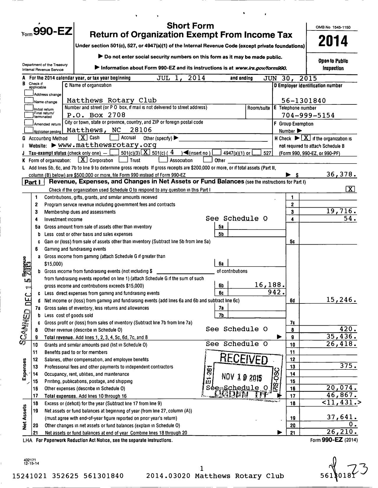 Image of first page of 2014 Form 990EO for Rotary International - Matthews Rotary Club