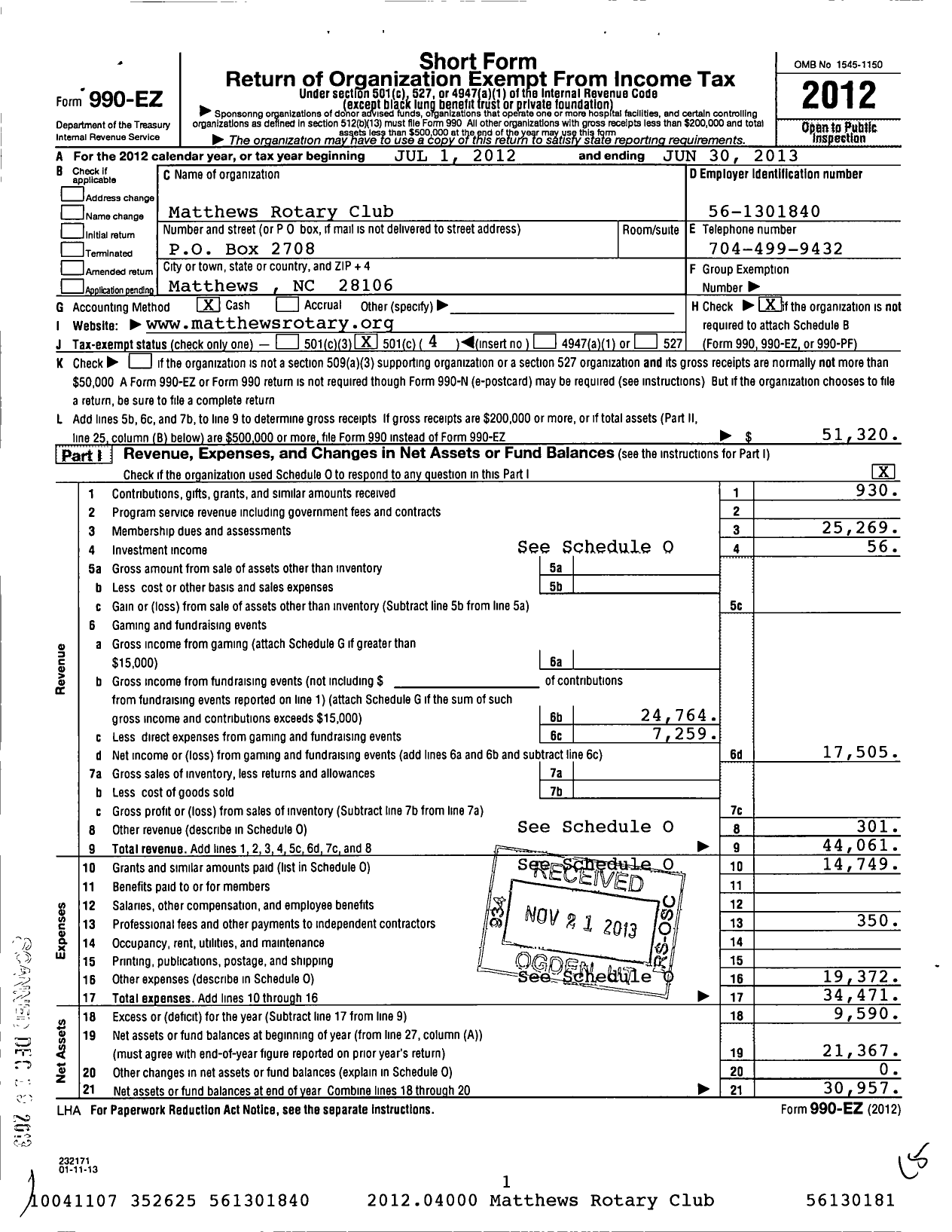 Image of first page of 2012 Form 990EO for Rotary International - Matthews Rotary Club