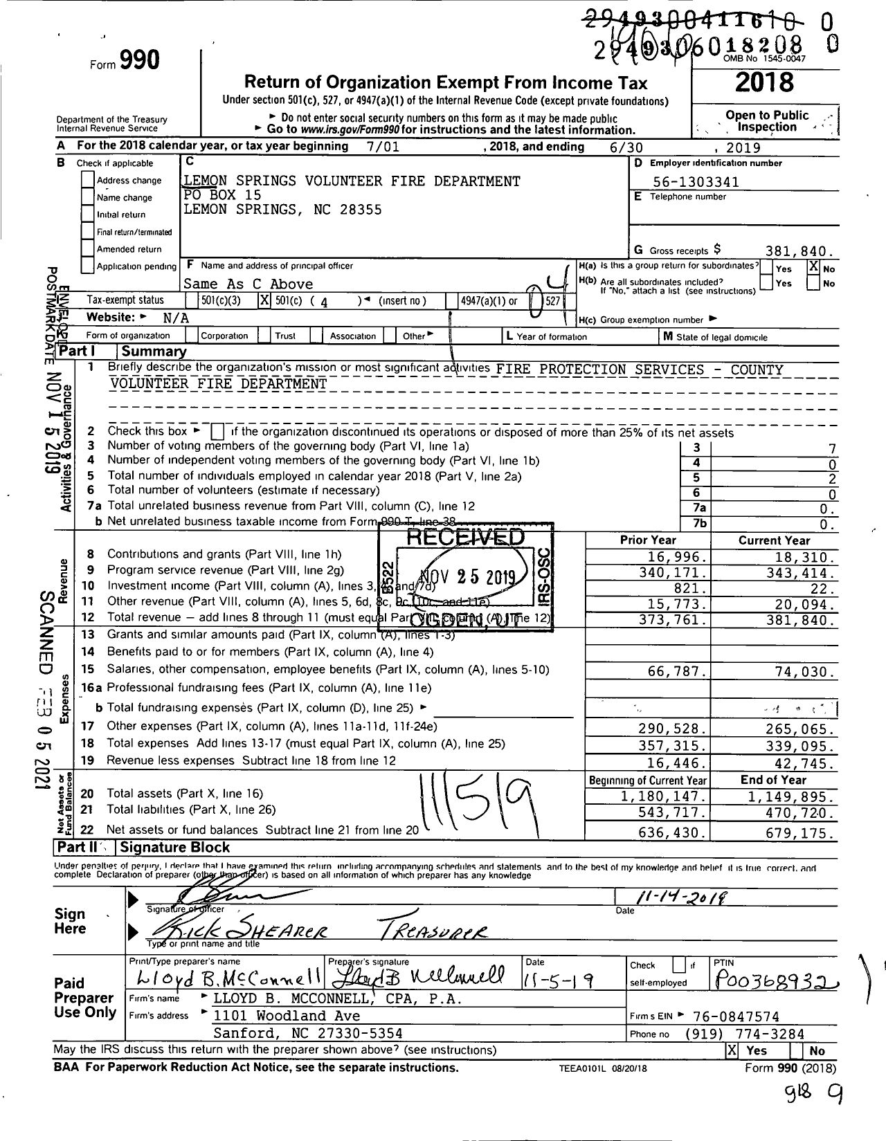 Image of first page of 2018 Form 990O for Lemon Springs Volunteer Fire Department