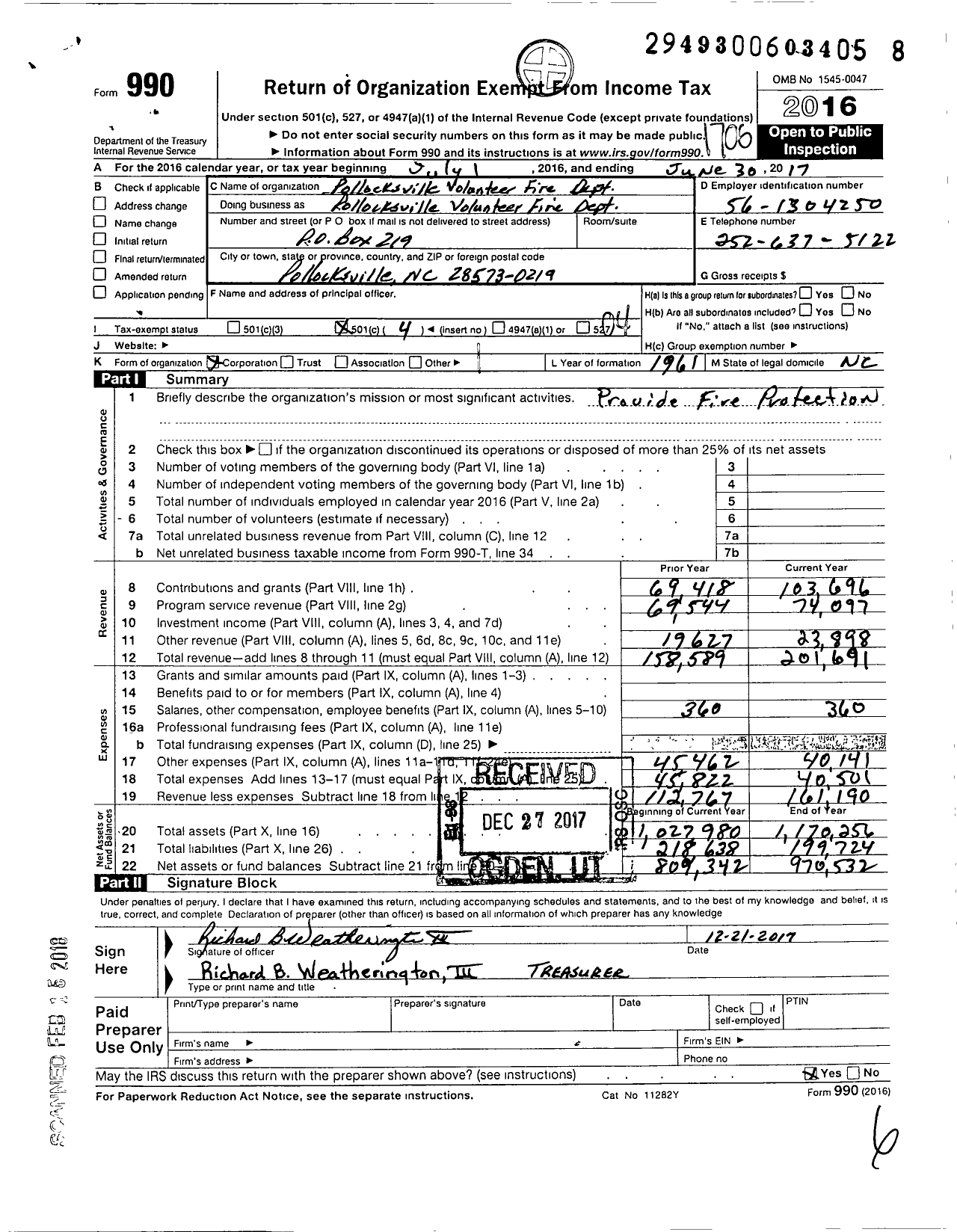 Image of first page of 2016 Form 990O for Pollocksville Volunteer Fire Department