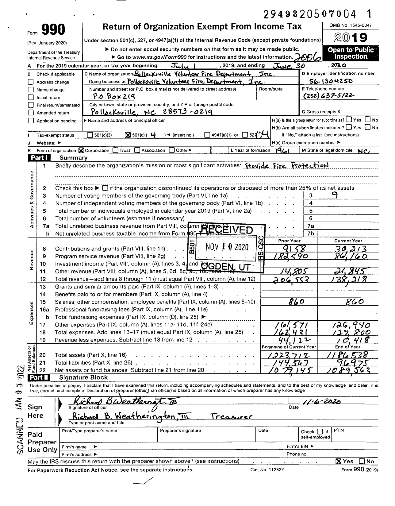 Image of first page of 2019 Form 990O for Pollocksville Volunteer Fire Department