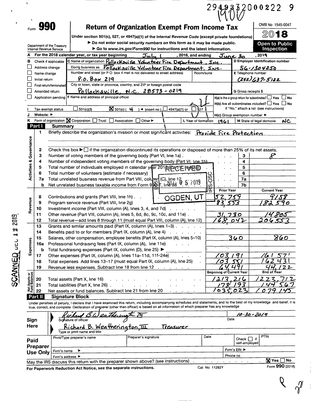 Image of first page of 2018 Form 990O for Pollocksville Volunteer Fire Depart