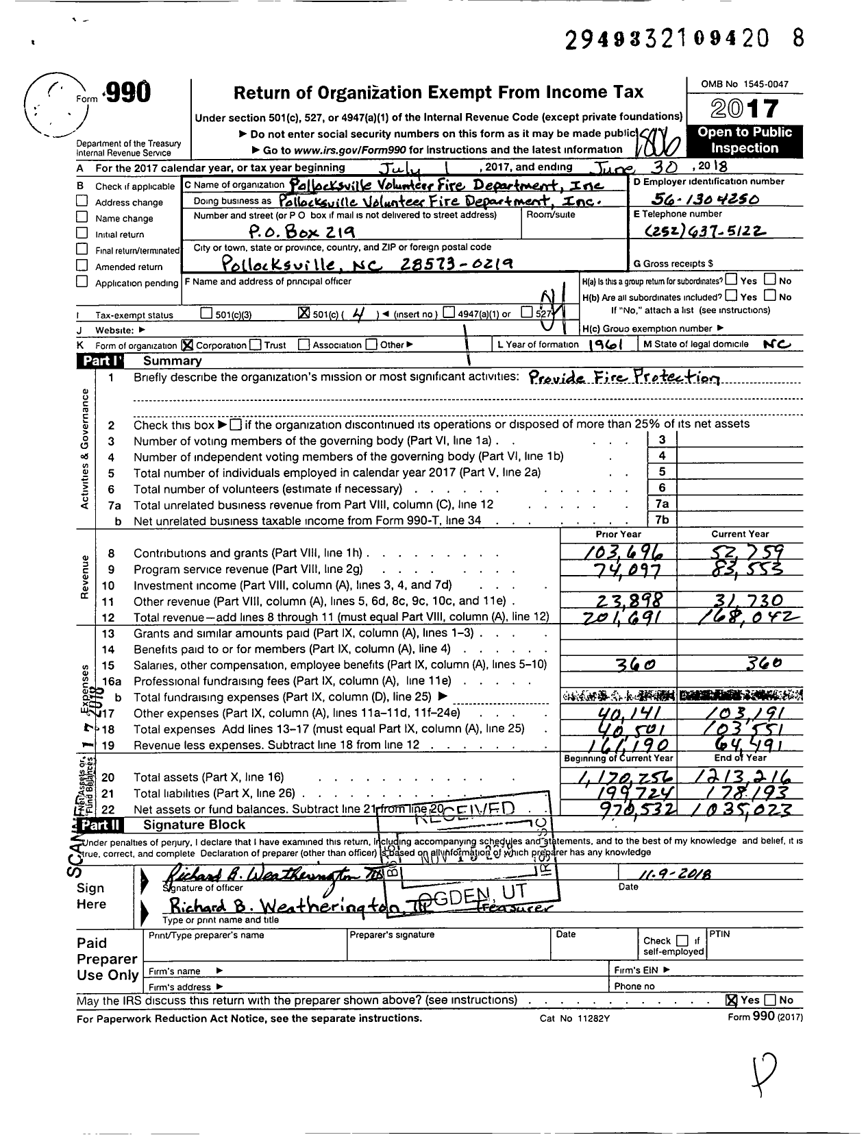 Image of first page of 2017 Form 990O for Pollocksville Volunteer Fire Department