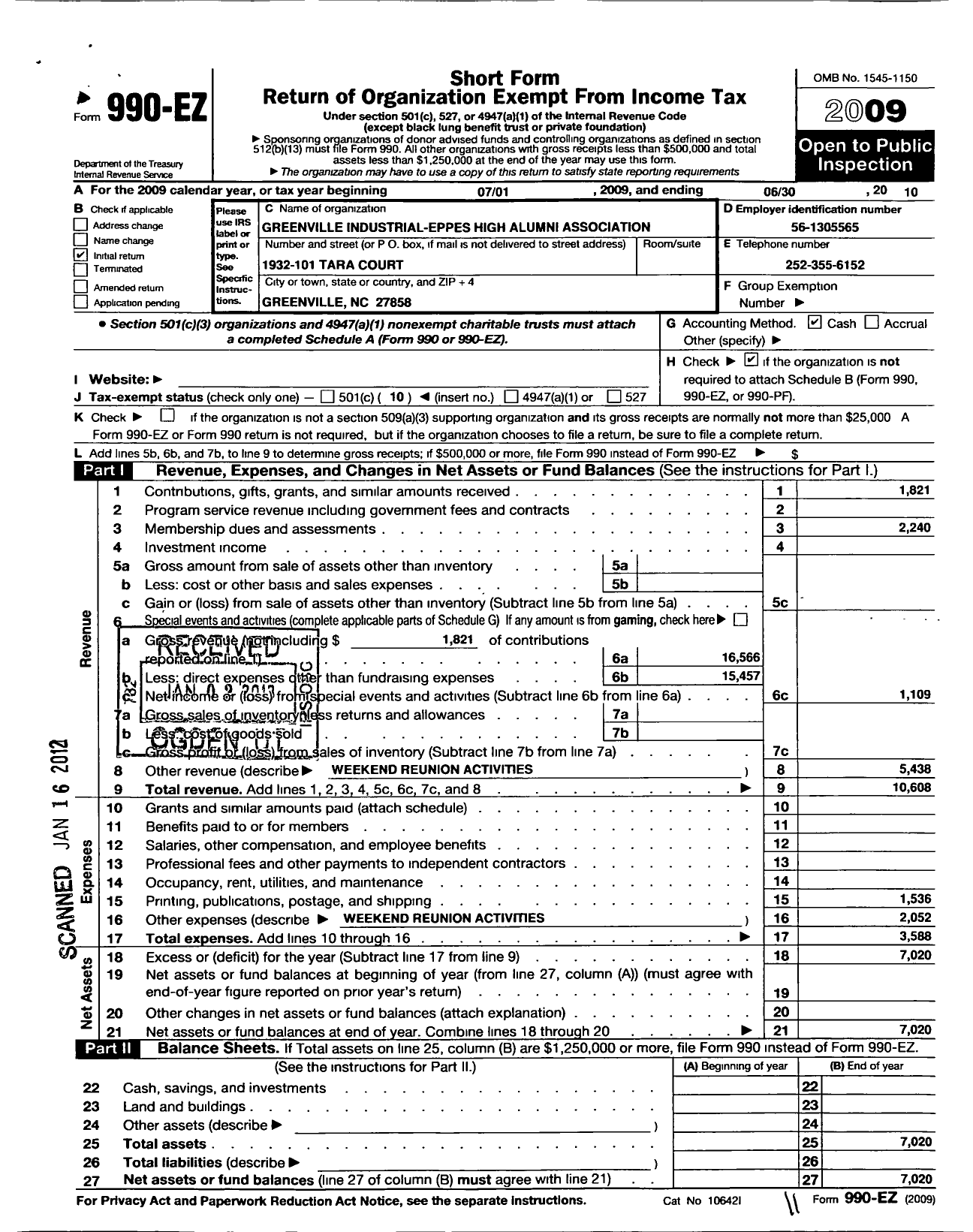 Image of first page of 2009 Form 990EO for Greenville Industrial-Eppes High Alumni Association