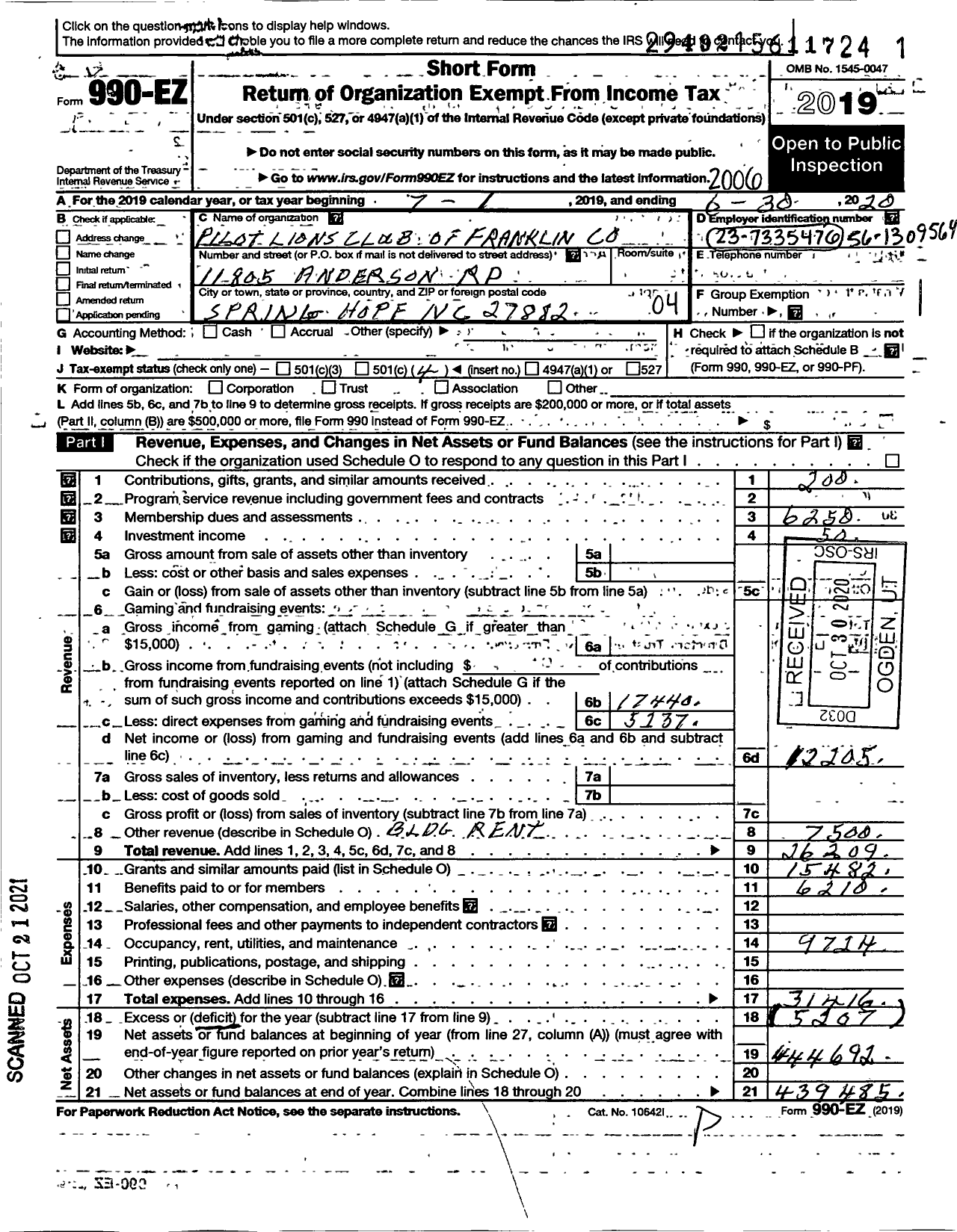 Image of first page of 2019 Form 990EO for Lions Clubs - 11639 Pilot LC