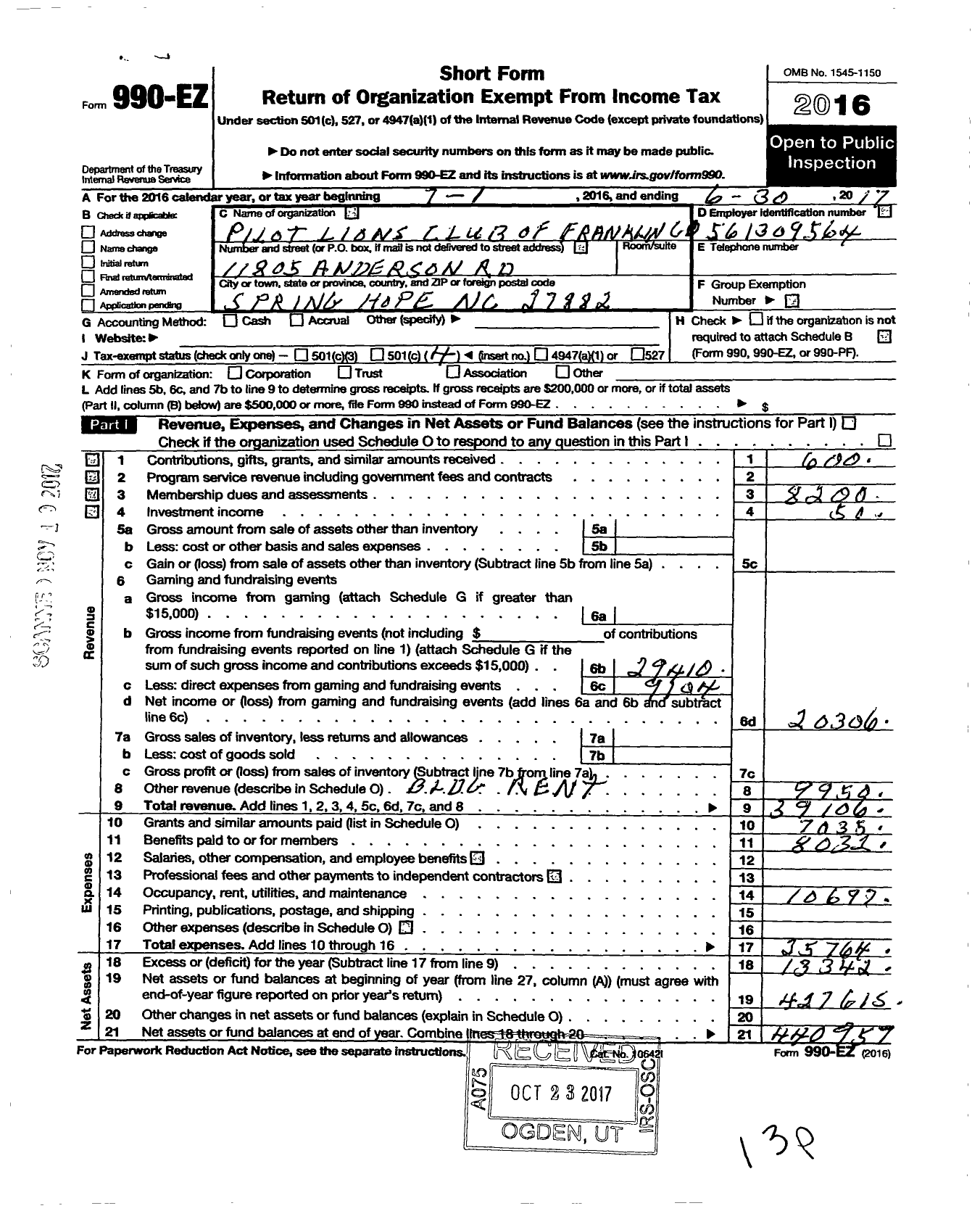 Image of first page of 2016 Form 990EO for Lions Clubs - 11639 Pilot LC