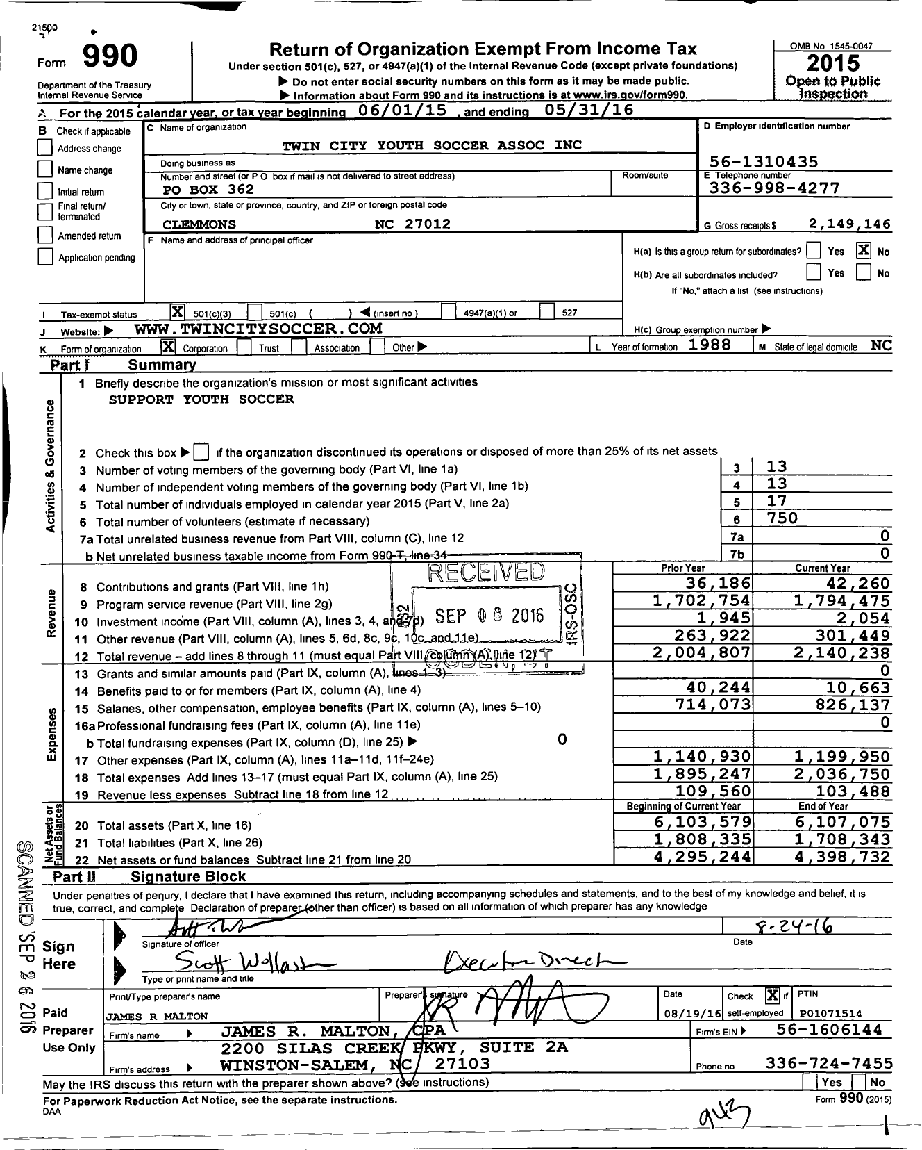 Image of first page of 2015 Form 990 for Twin City Youth Soccer Association (TCYSA)