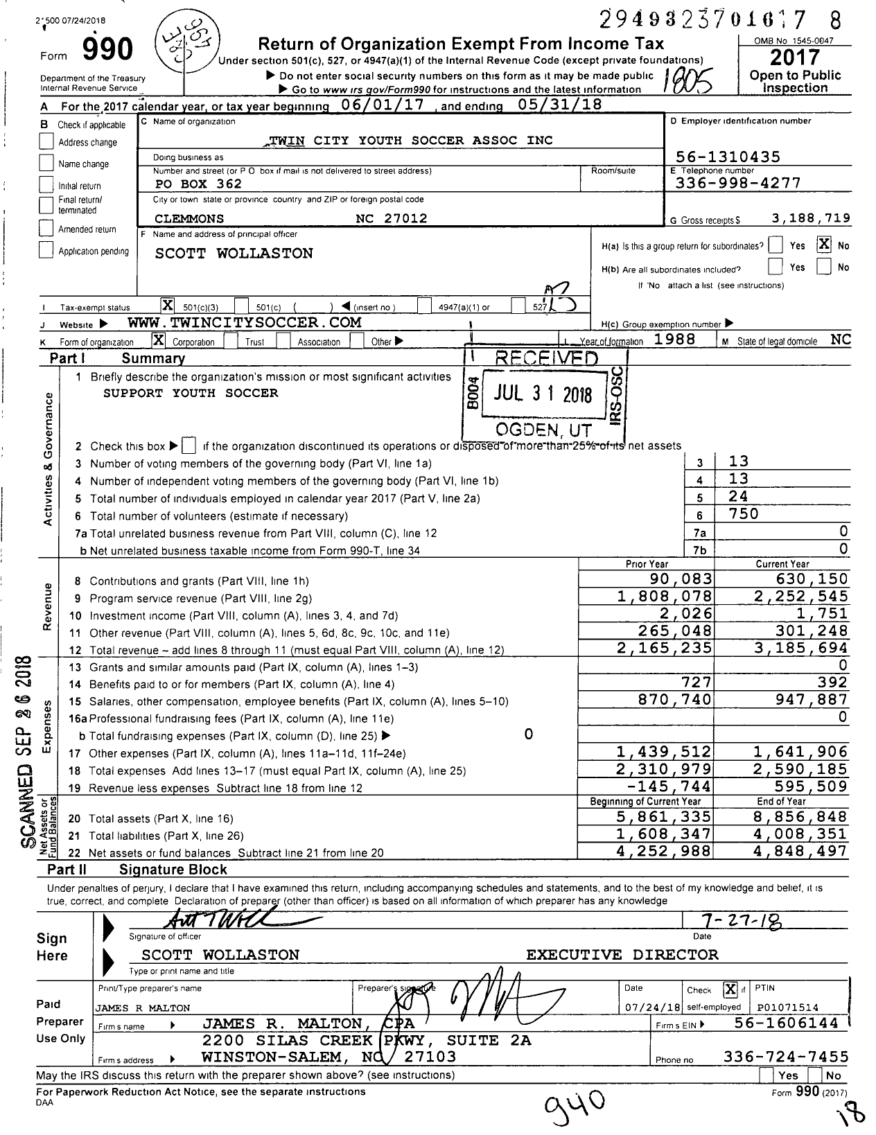 Image of first page of 2017 Form 990 for Twin City Youth Soccer Association (TCYSA)