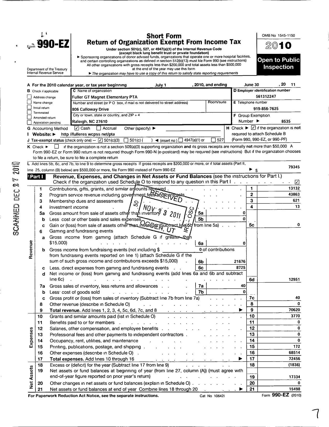 Image of first page of 2010 Form 990EZ for North Carolina PTA - Fuller GT Elementary School PTA