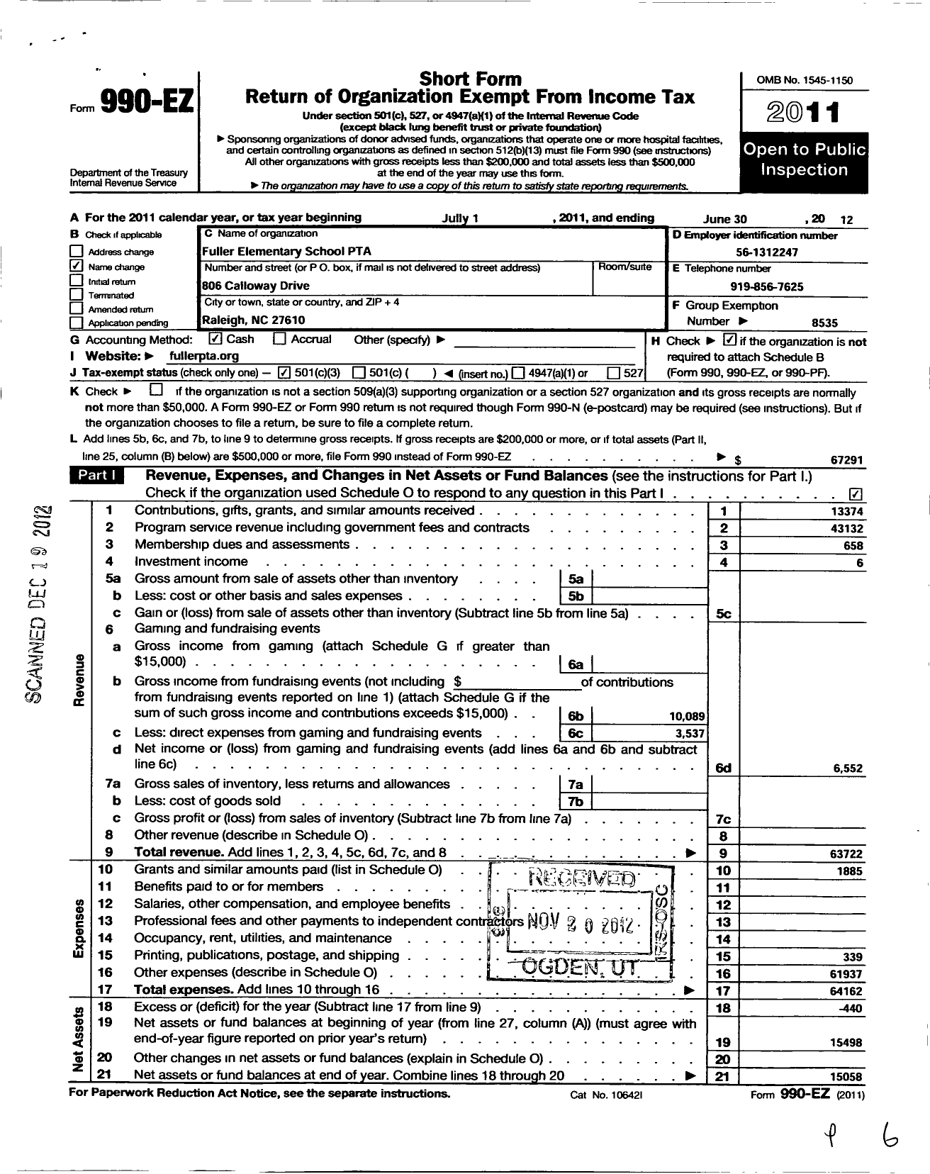 Image of first page of 2011 Form 990EZ for North Carolina PTA - Fuller GT Elementary School PTA