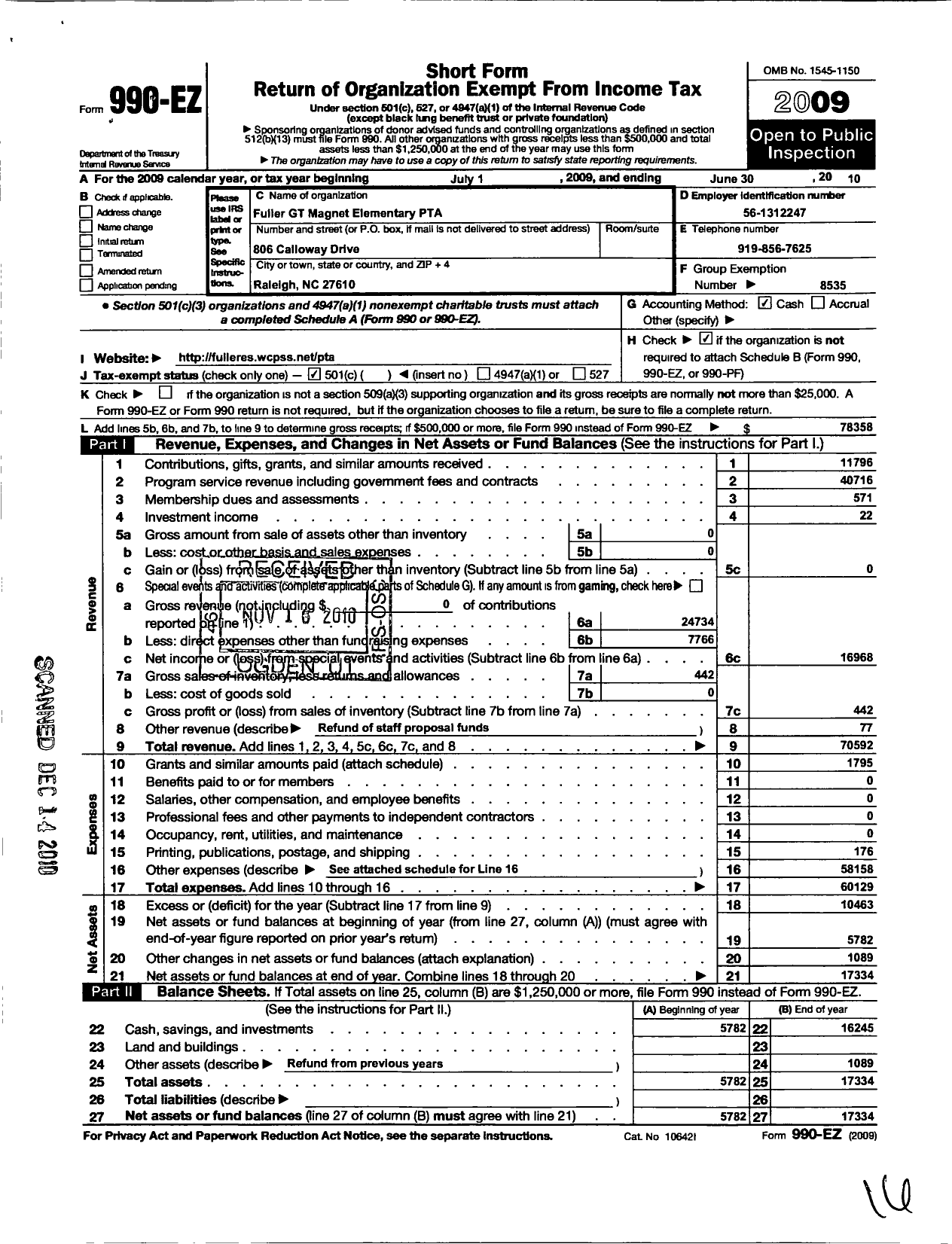 Image of first page of 2009 Form 990EO for North Carolina PTA - Fuller GT Elementary School PTA