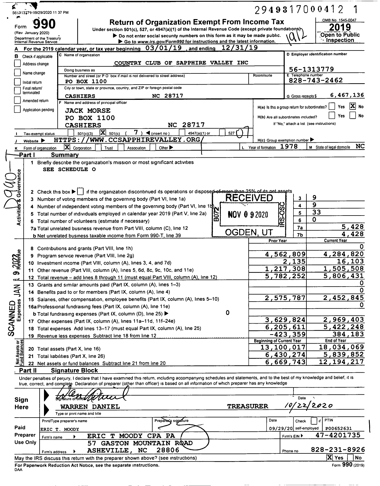 Image of first page of 2019 Form 990O for Country Club of Sapphire Valley