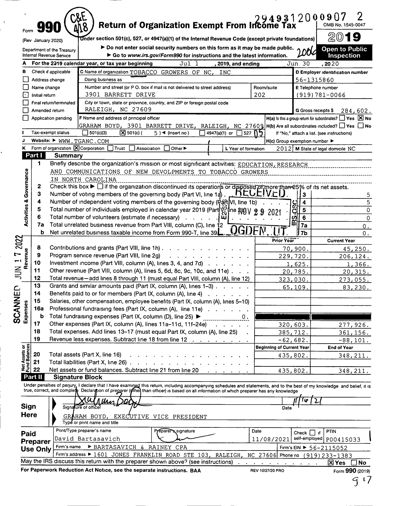 Image of first page of 2019 Form 990O for Tobacco Growers of NC