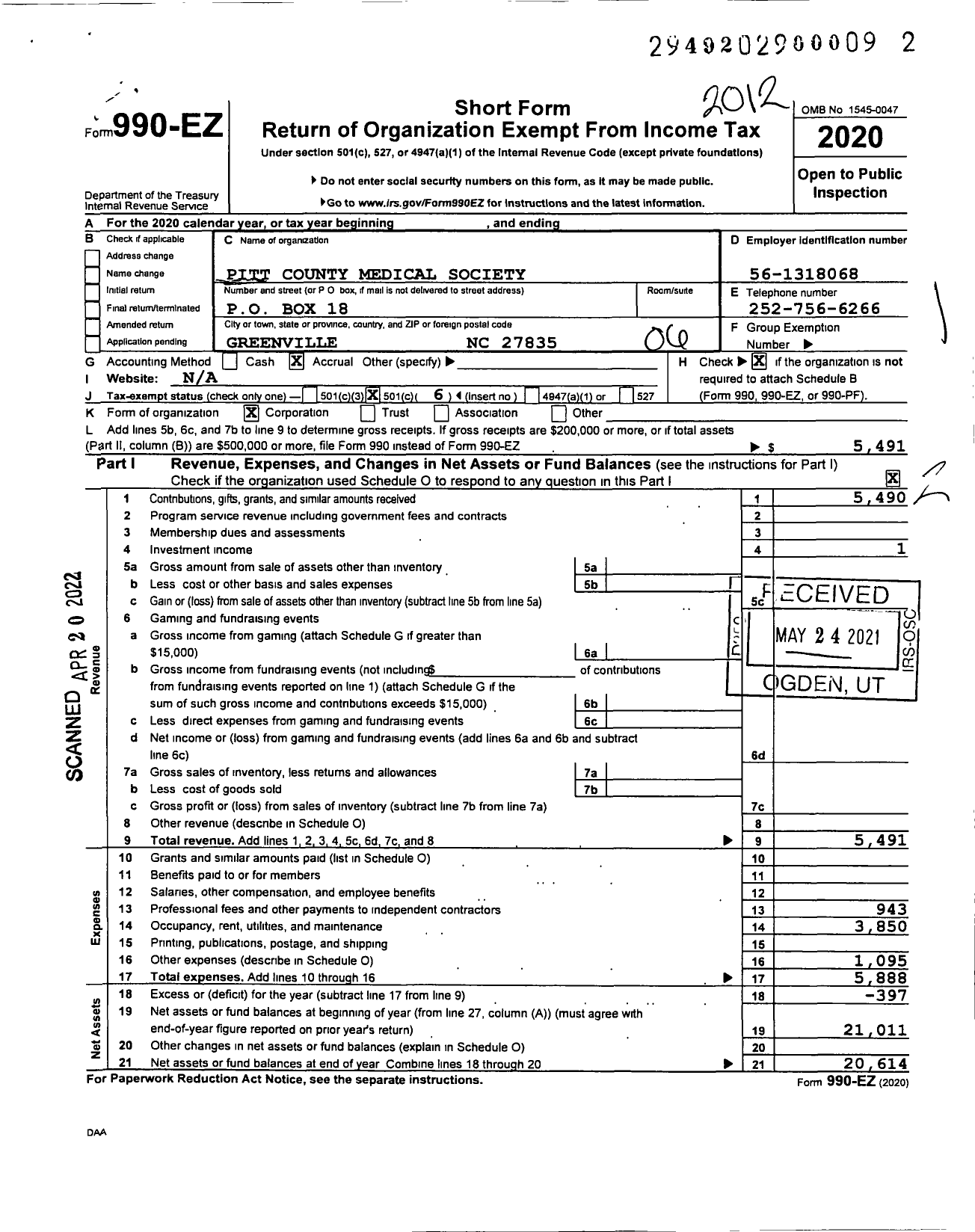 Image of first page of 2020 Form 990EO for Pitt County Medical Society