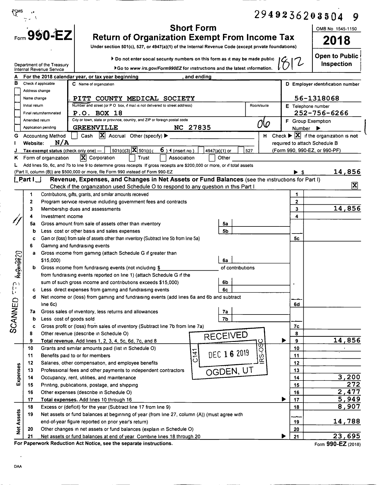 Image of first page of 2018 Form 990EO for Pitt County Medical Society