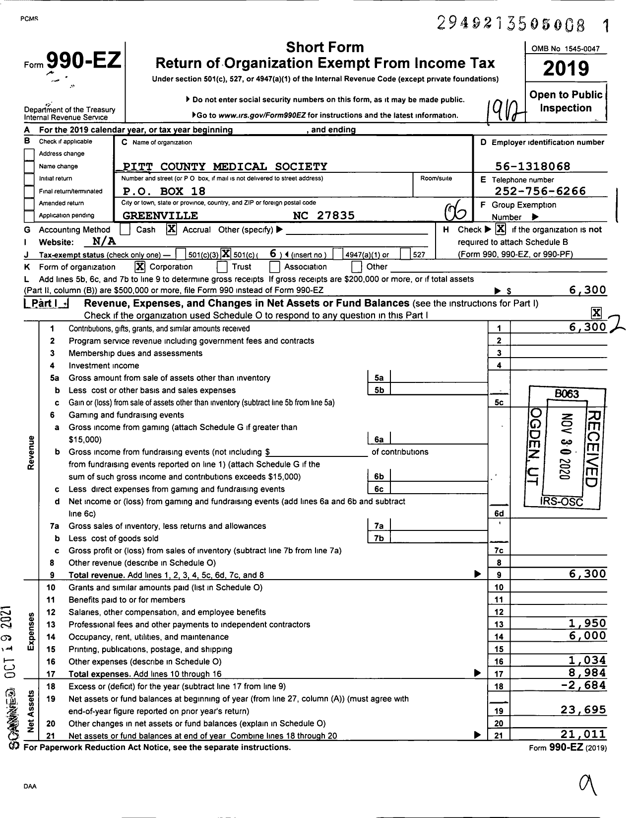 Image of first page of 2019 Form 990EO for Pitt County Medical Society