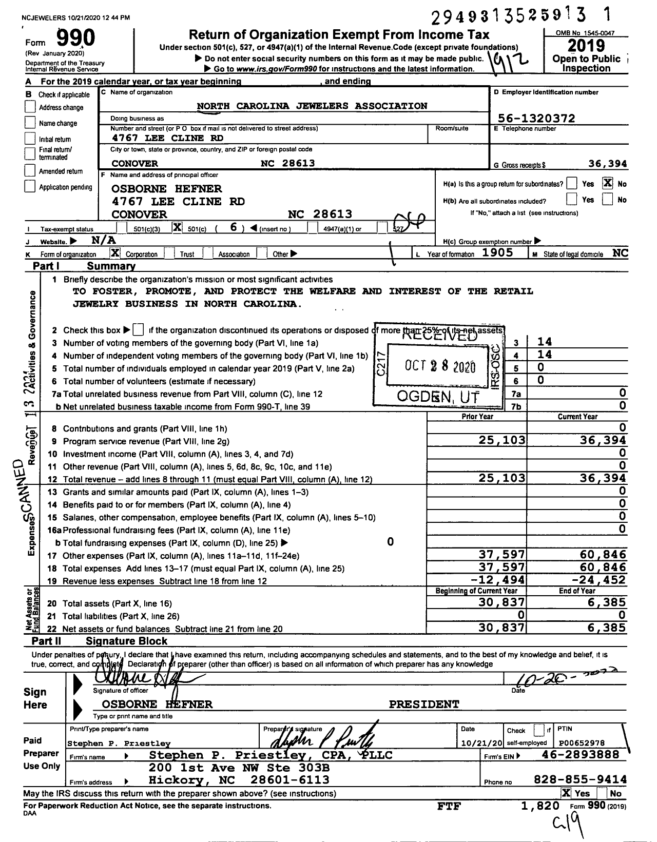 Image of first page of 2019 Form 990O for North Carolina Jewelers Association