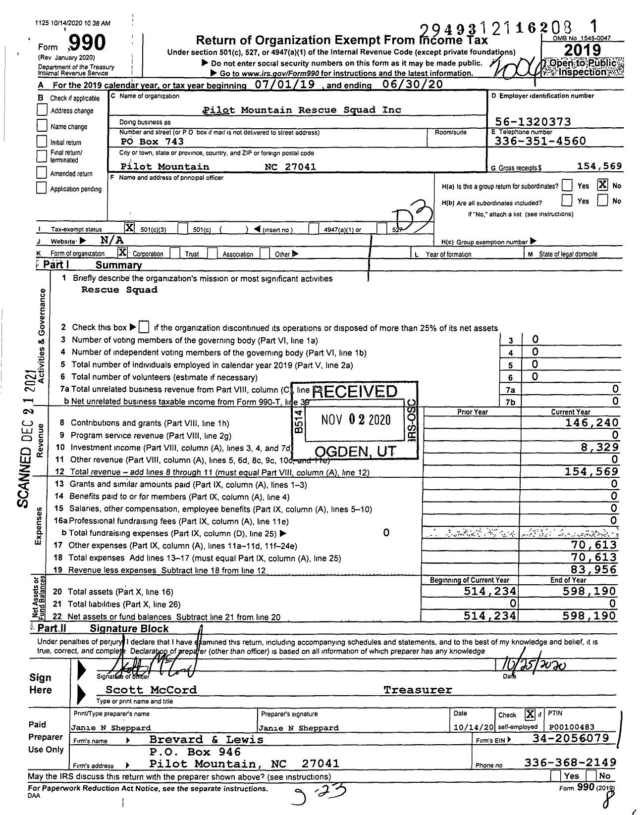 Image of first page of 2019 Form 990 for Pilot Mountain Rescue Squad