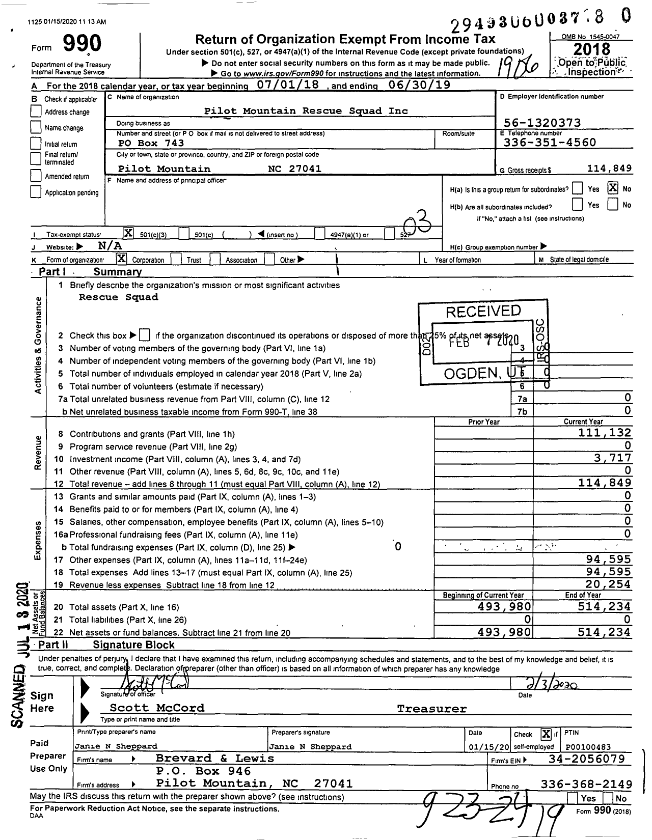 Image of first page of 2018 Form 990 for Pilot Mountain Rescue Squad