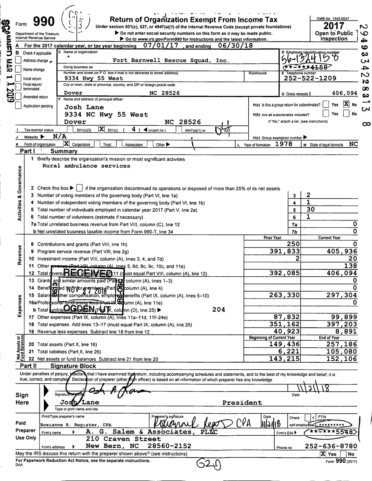 Image of first page of 2017 Form 990O for Fort Barnwell Rescue Squad