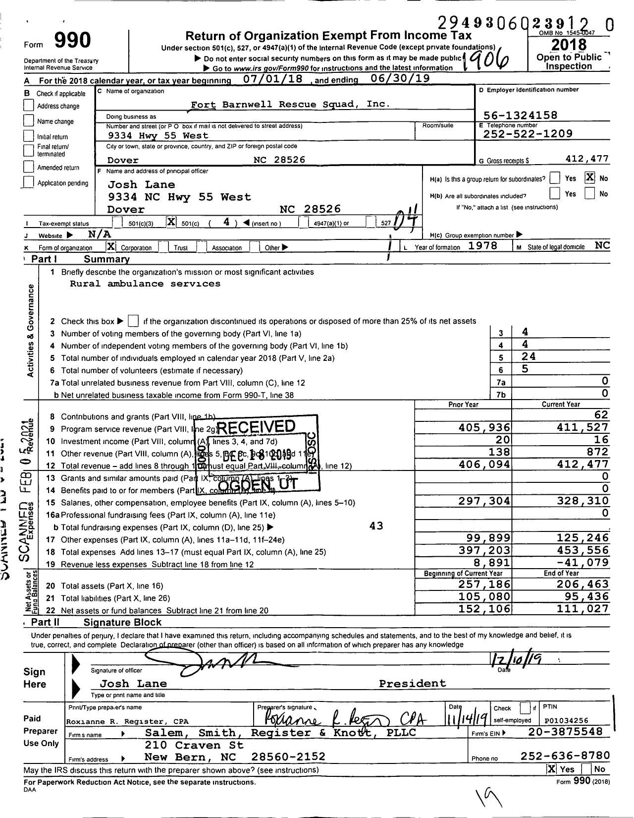 Image of first page of 2018 Form 990O for Fort Barnwell Rescue Squad