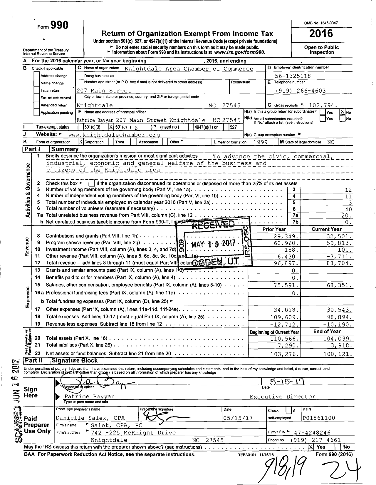 Image of first page of 2016 Form 990O for Knightdale Area Chamber of Commerce