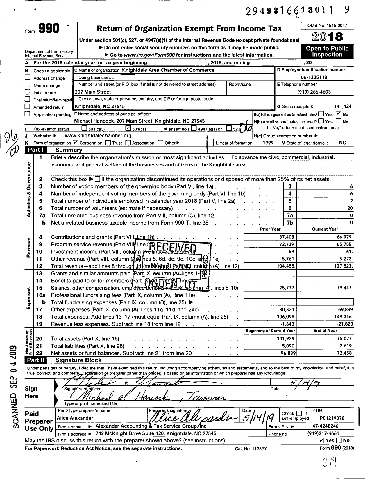 Image of first page of 2018 Form 990O for Knightdale Area Chamber of Commerce