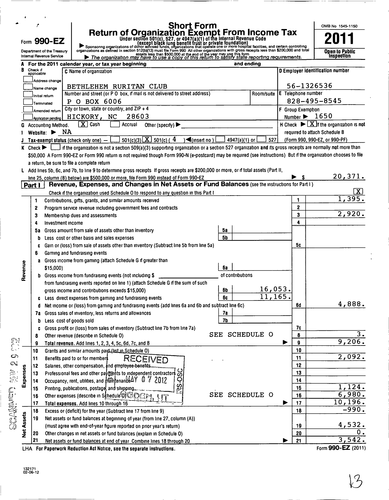 Image of first page of 2011 Form 990EO for Ruritan - Bethlehem NC