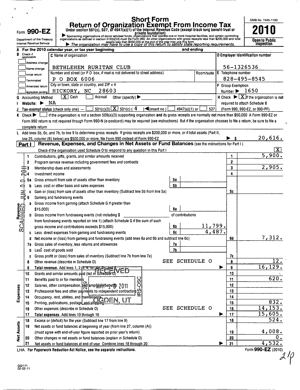 Image of first page of 2010 Form 990EO for Ruritan - Bethlehem NC