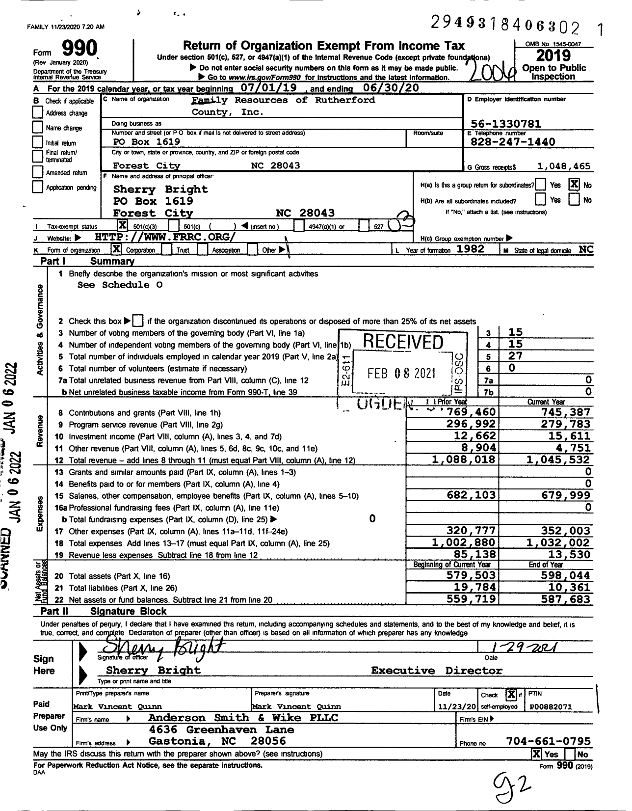 Image of first page of 2019 Form 990 for Family Resources of Rutherford County