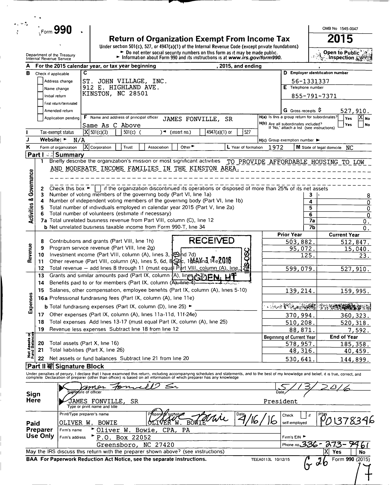 Image of first page of 2015 Form 990 for St John Village