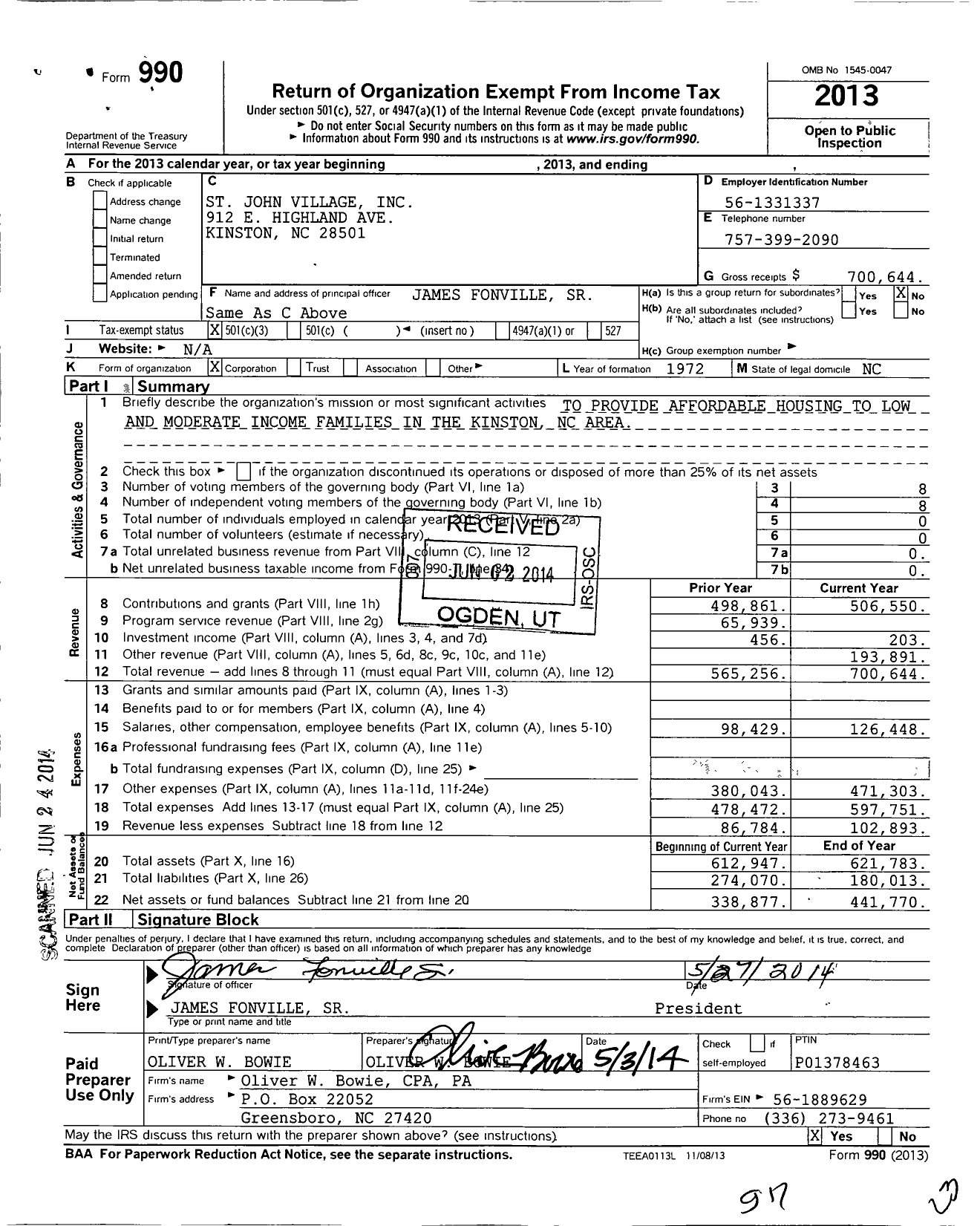 Image of first page of 2013 Form 990 for St John Village