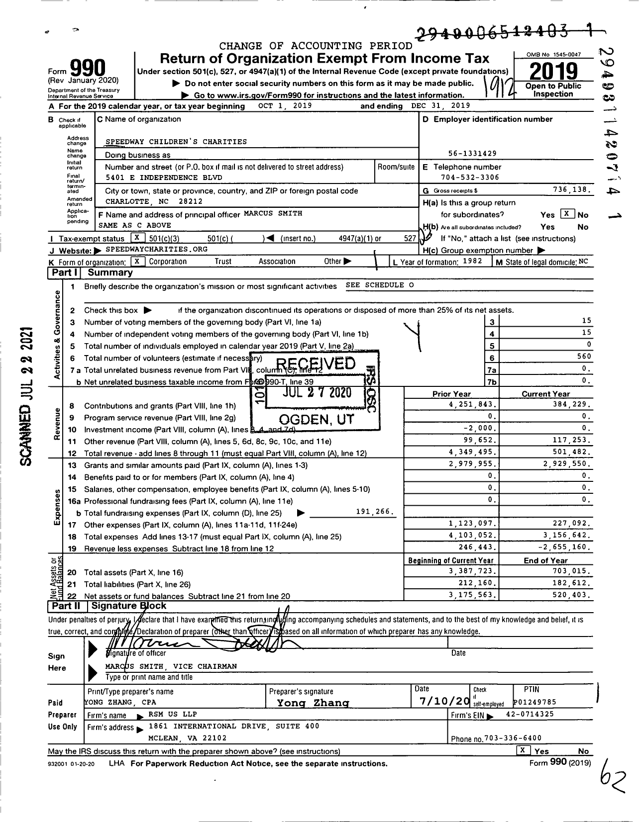 Image of first page of 2019 Form 990 for Speedway Children's Charities