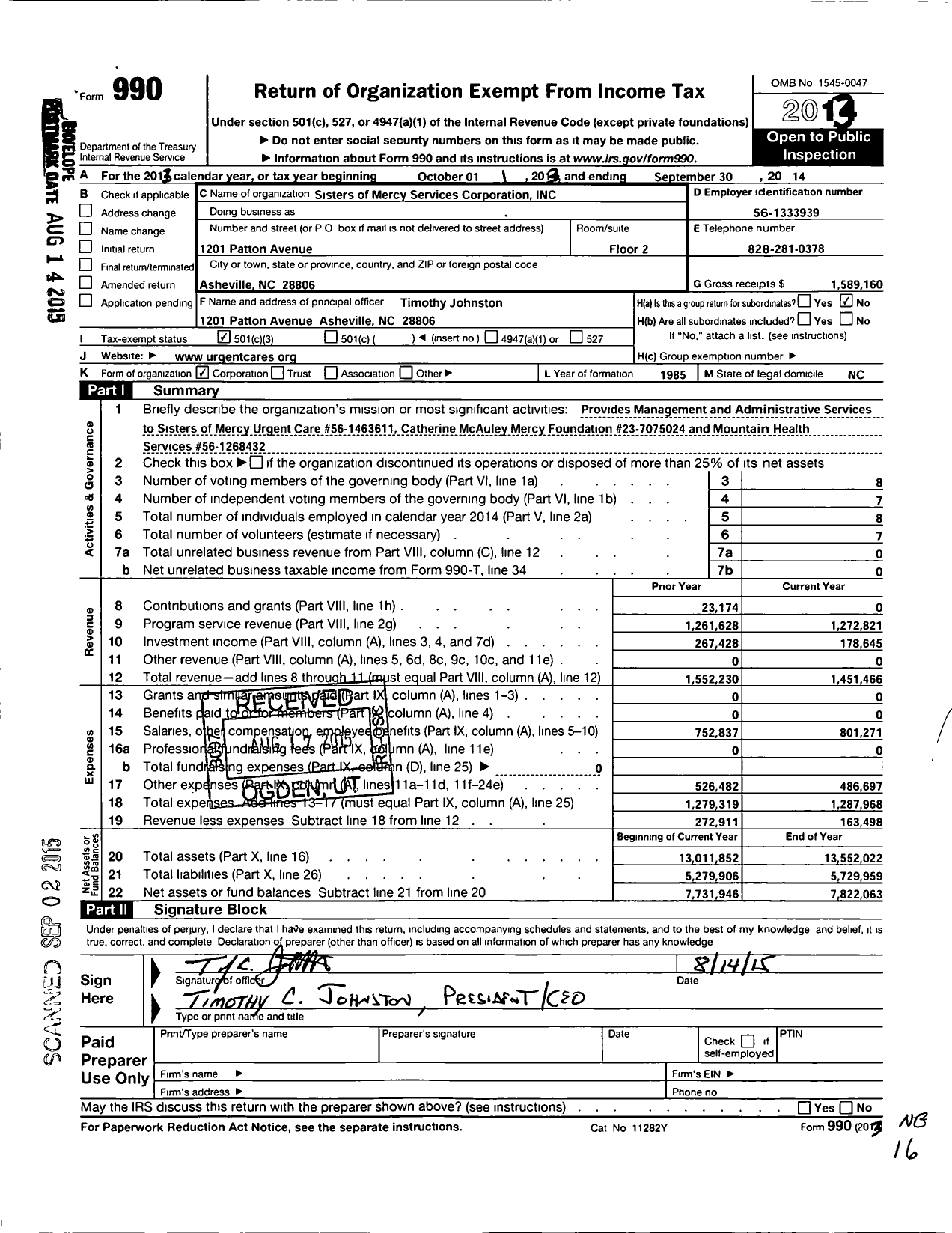 Image of first page of 2013 Form 990 for Sisters of Mercy Services Corporation