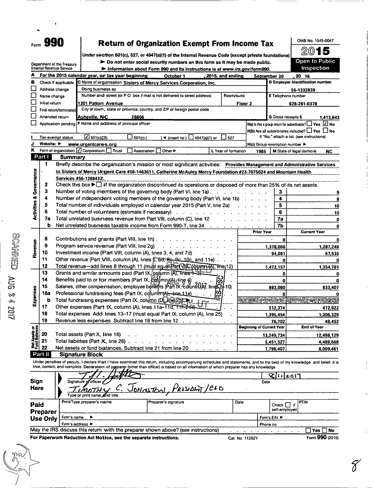 Image of first page of 2015 Form 990 for Sisters of Mercy Services Corporation