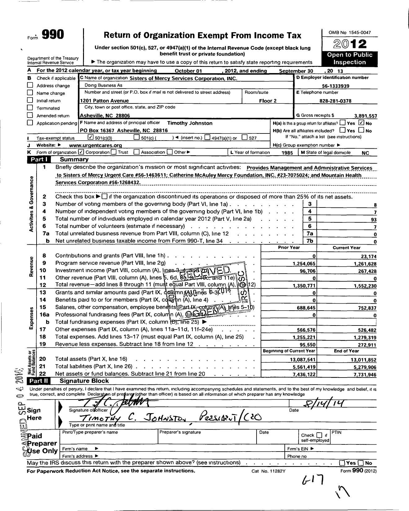Image of first page of 2012 Form 990 for Sisters of Mercy Services Corporation