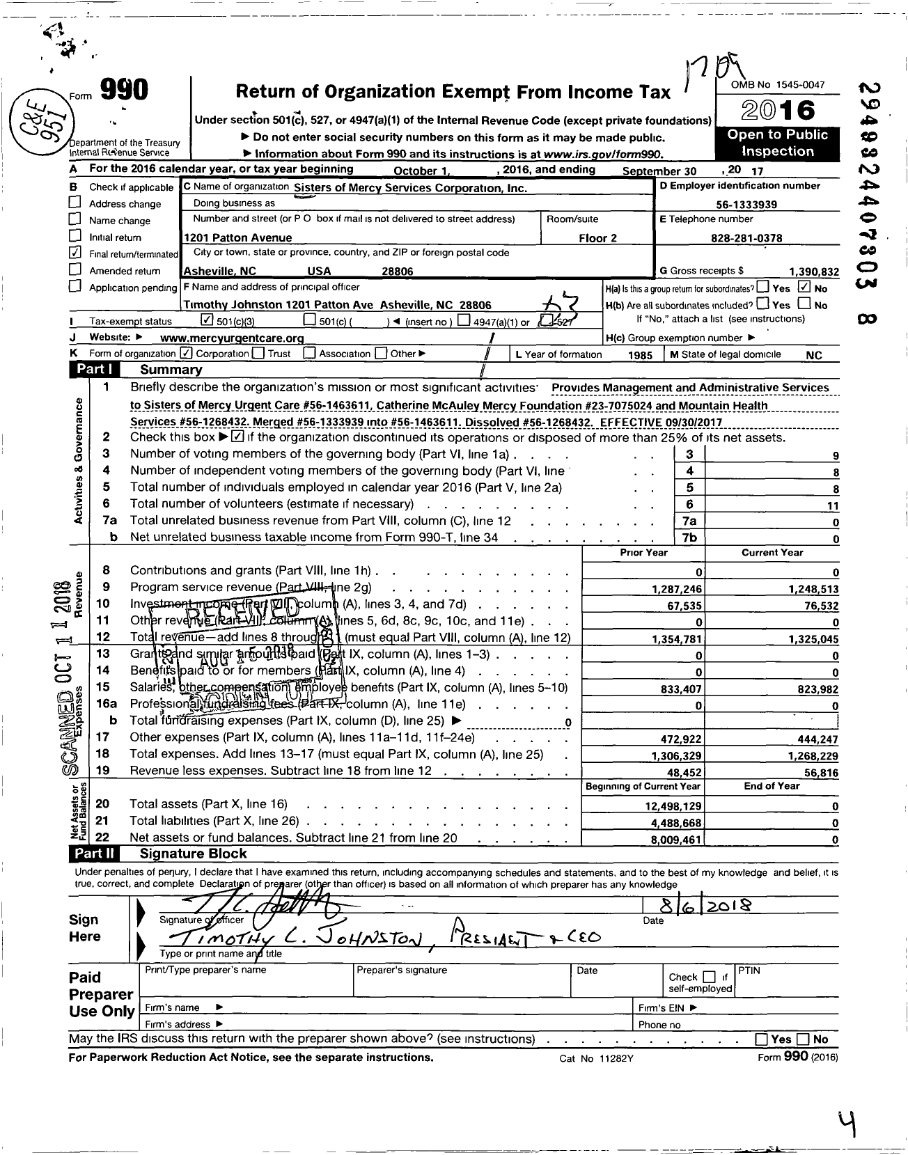 Image of first page of 2016 Form 990 for Sisters of Mercy Services Corporation