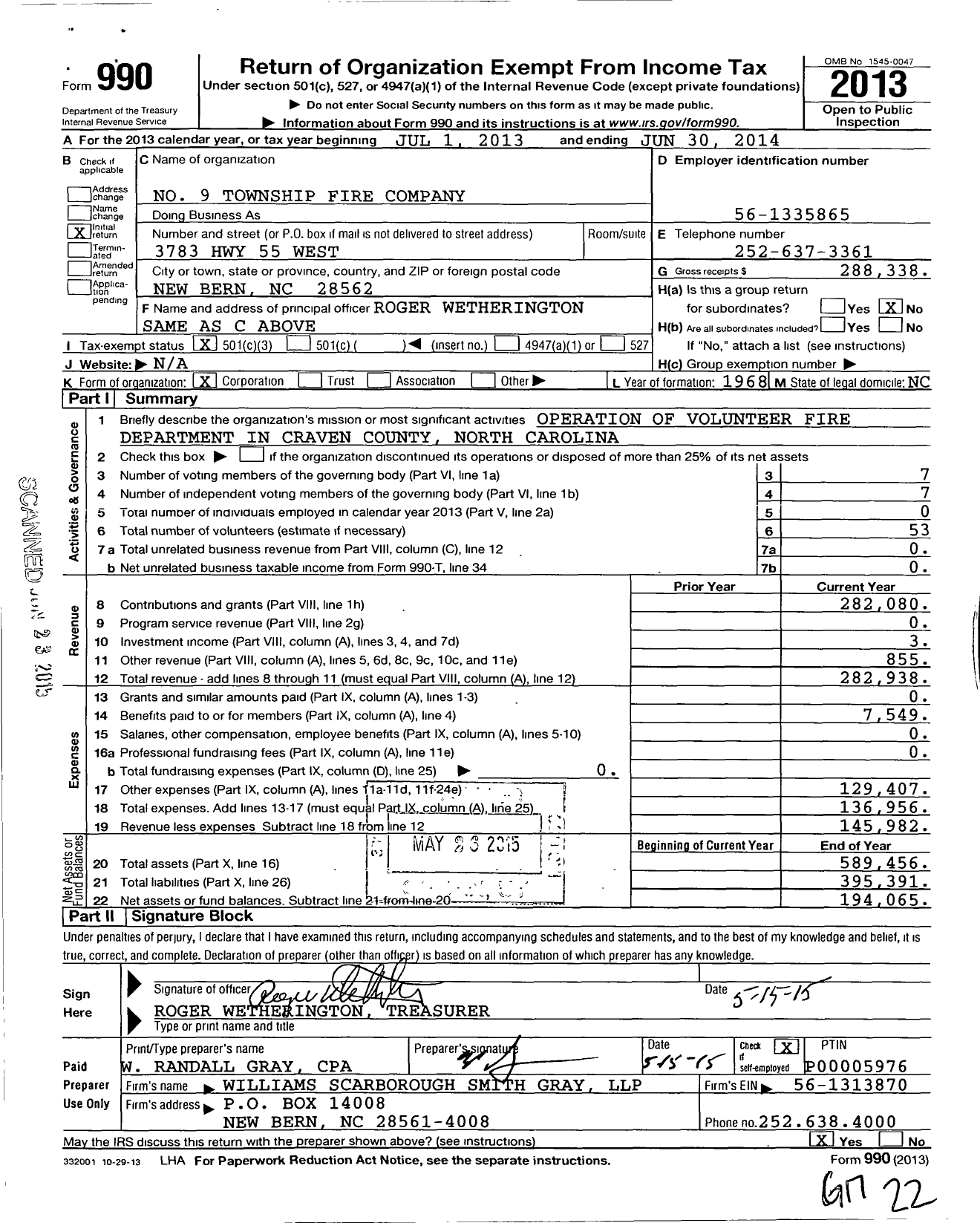 Image of first page of 2013 Form 990 for No9 Township Fire and Rescue