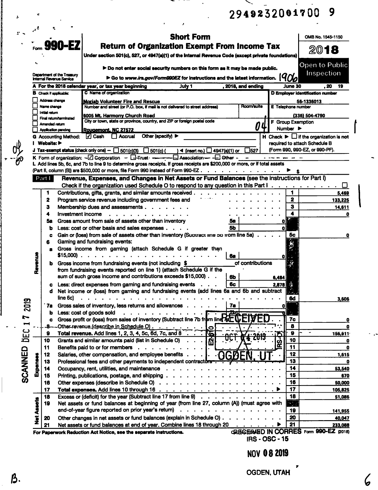 Image of first page of 2018 Form 990EO for Moriah Volunteer Fire and Rescue