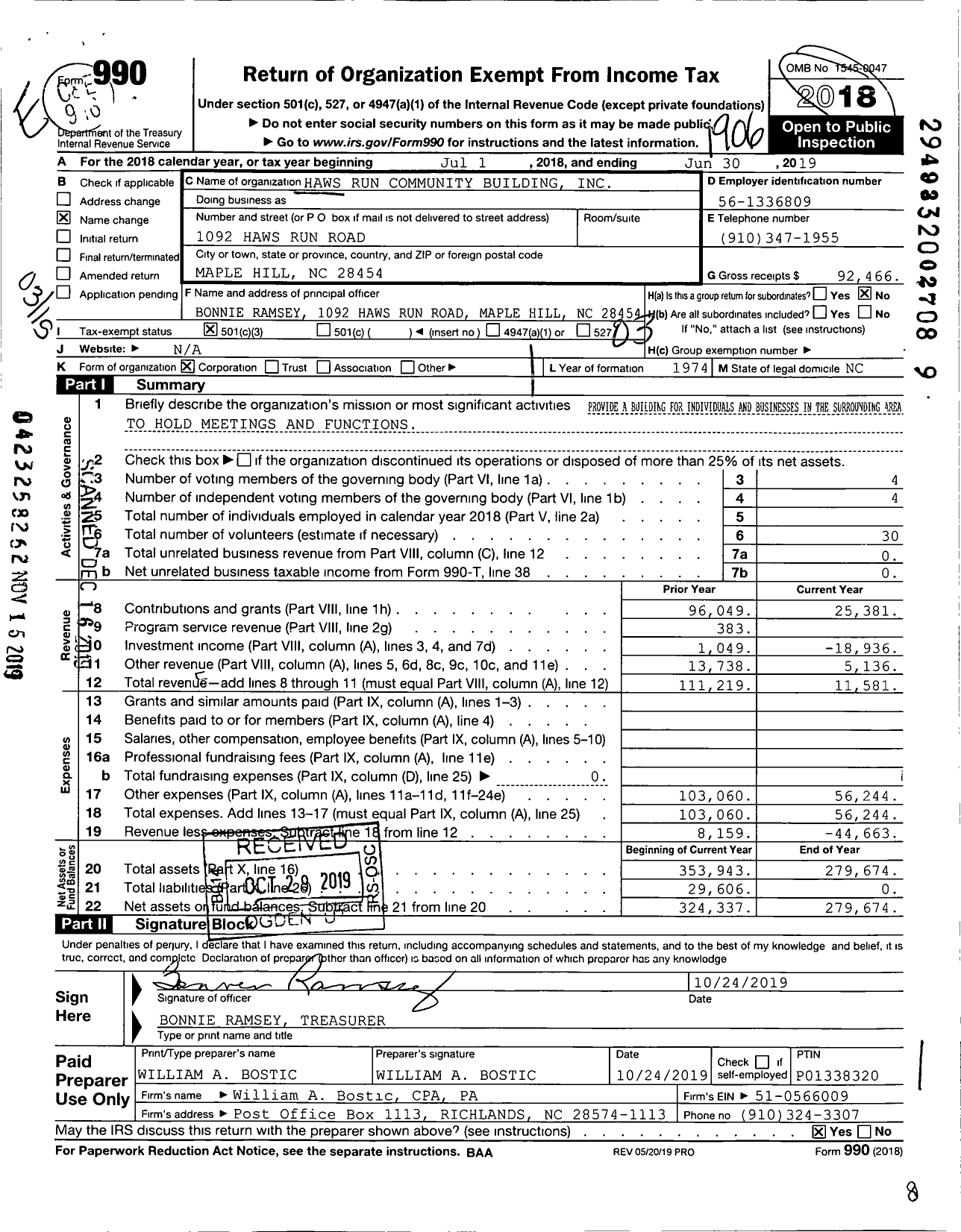 Image of first page of 2018 Form 990 for Haws Run Community Building