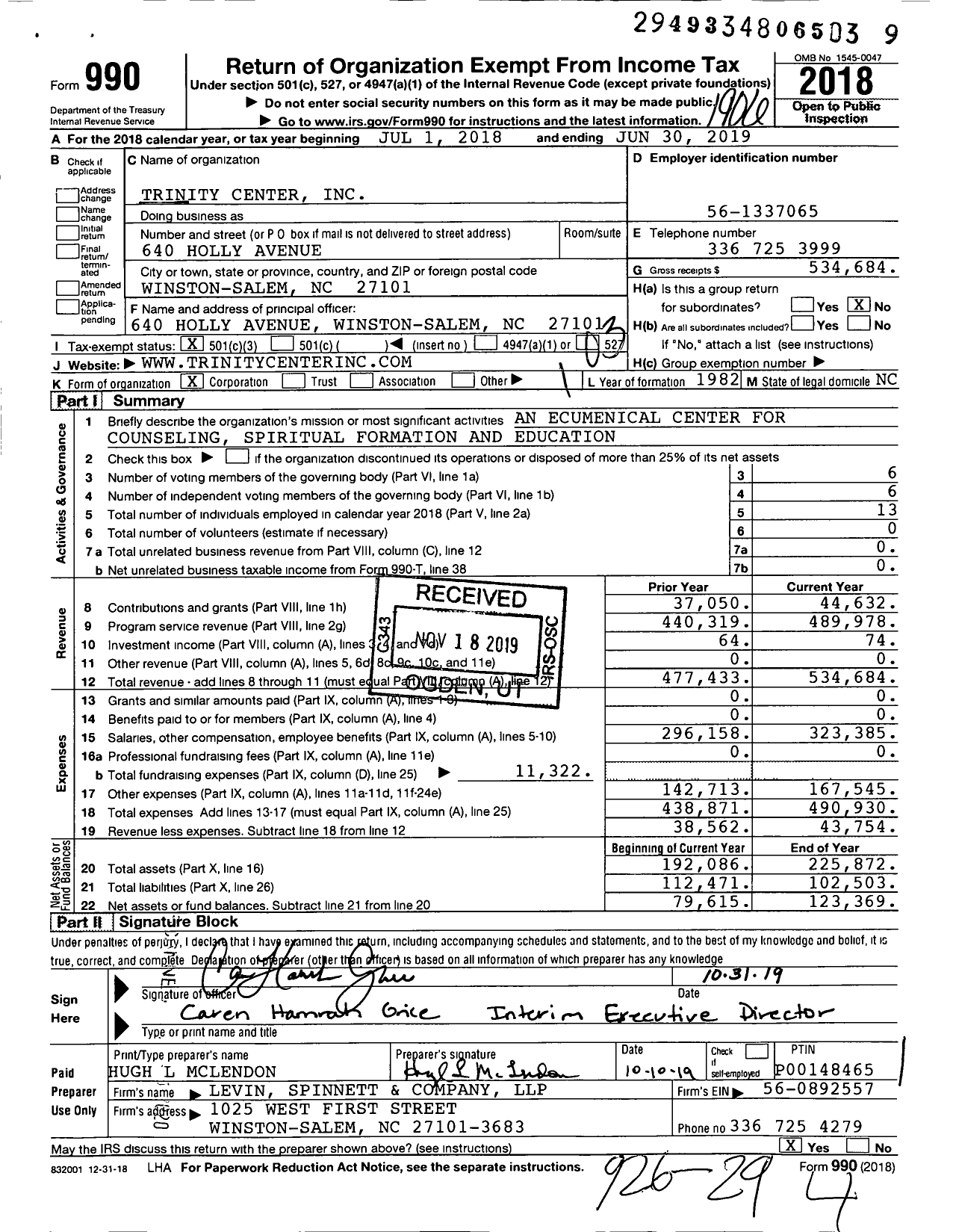 Image of first page of 2018 Form 990 for Trinity Center