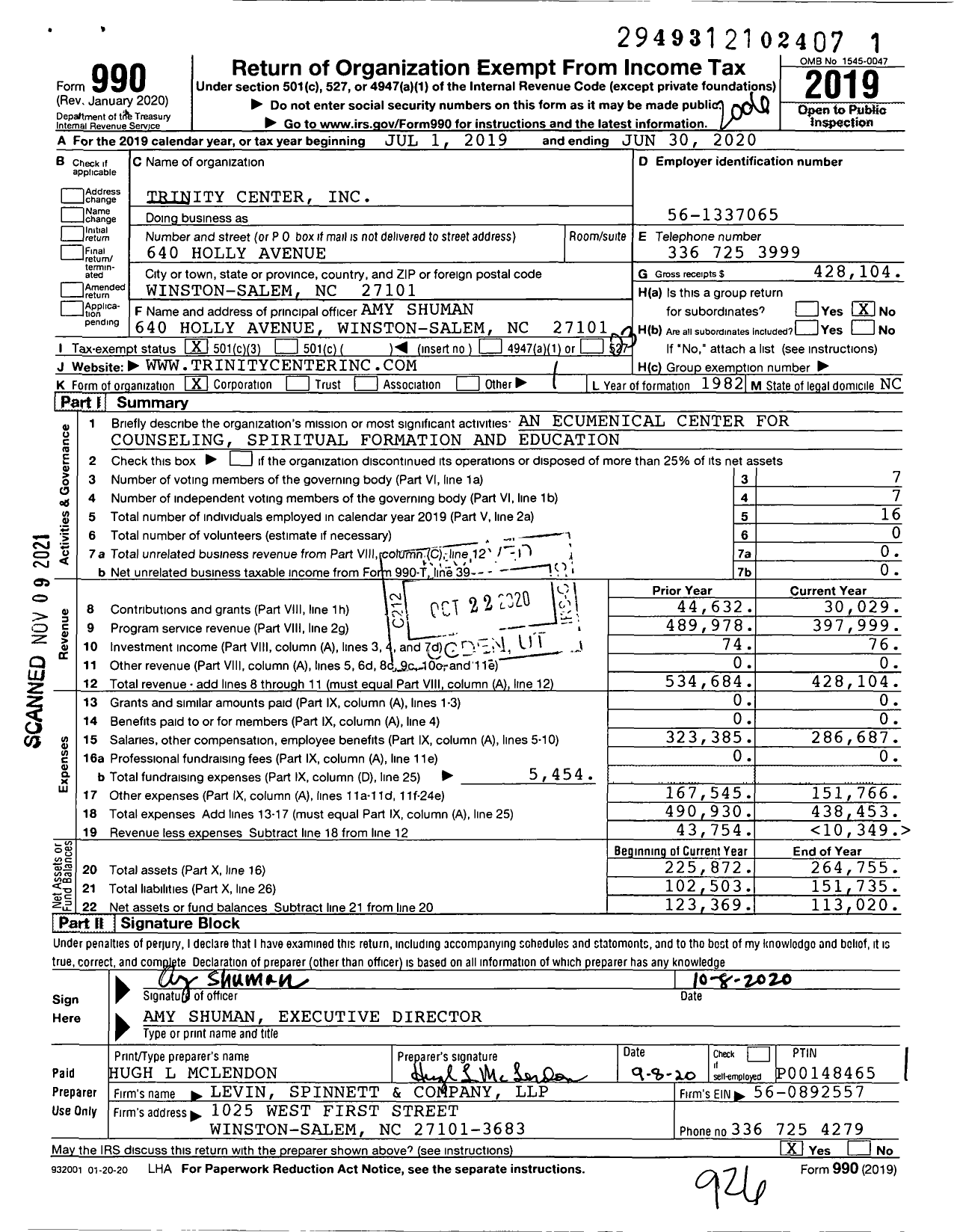 Image of first page of 2019 Form 990 for Trinity Center