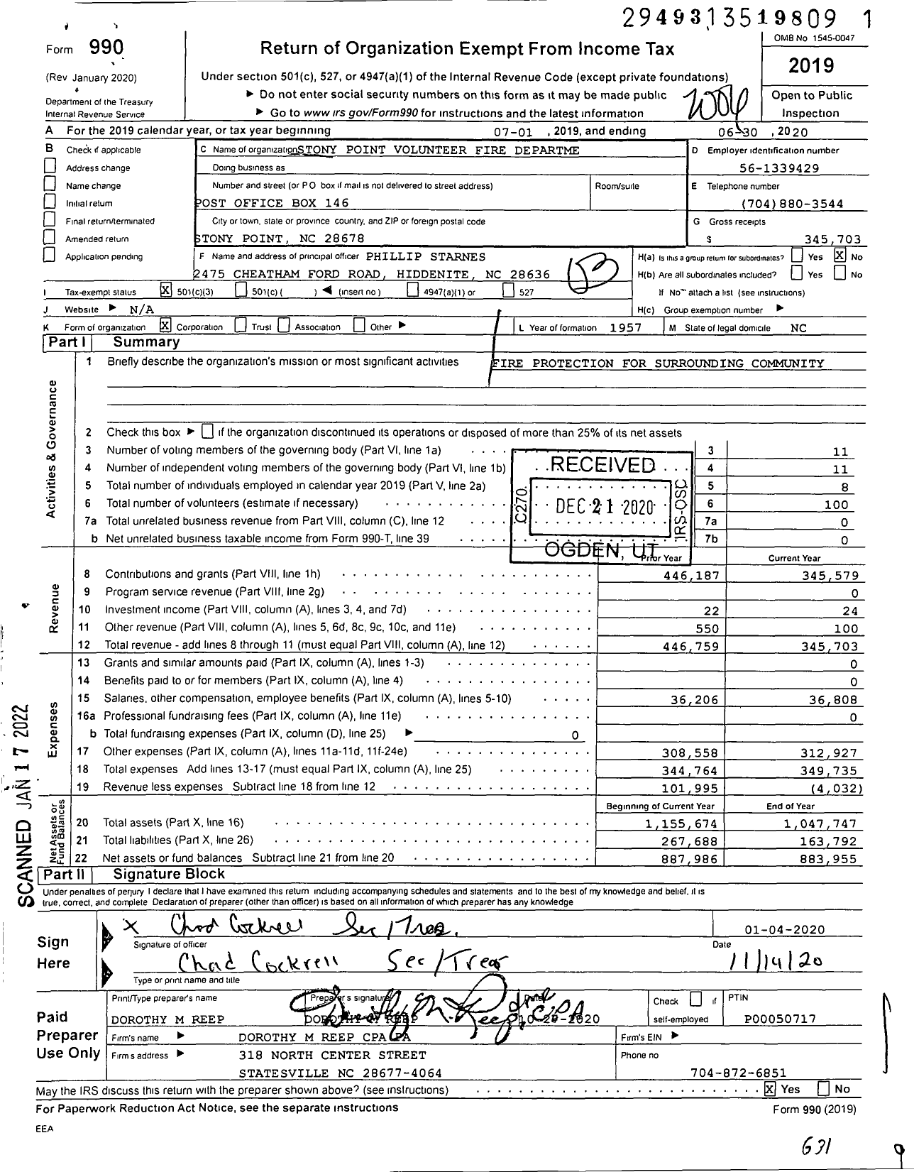 Image of first page of 2019 Form 990 for Stony Point Volunteer Fire Dept