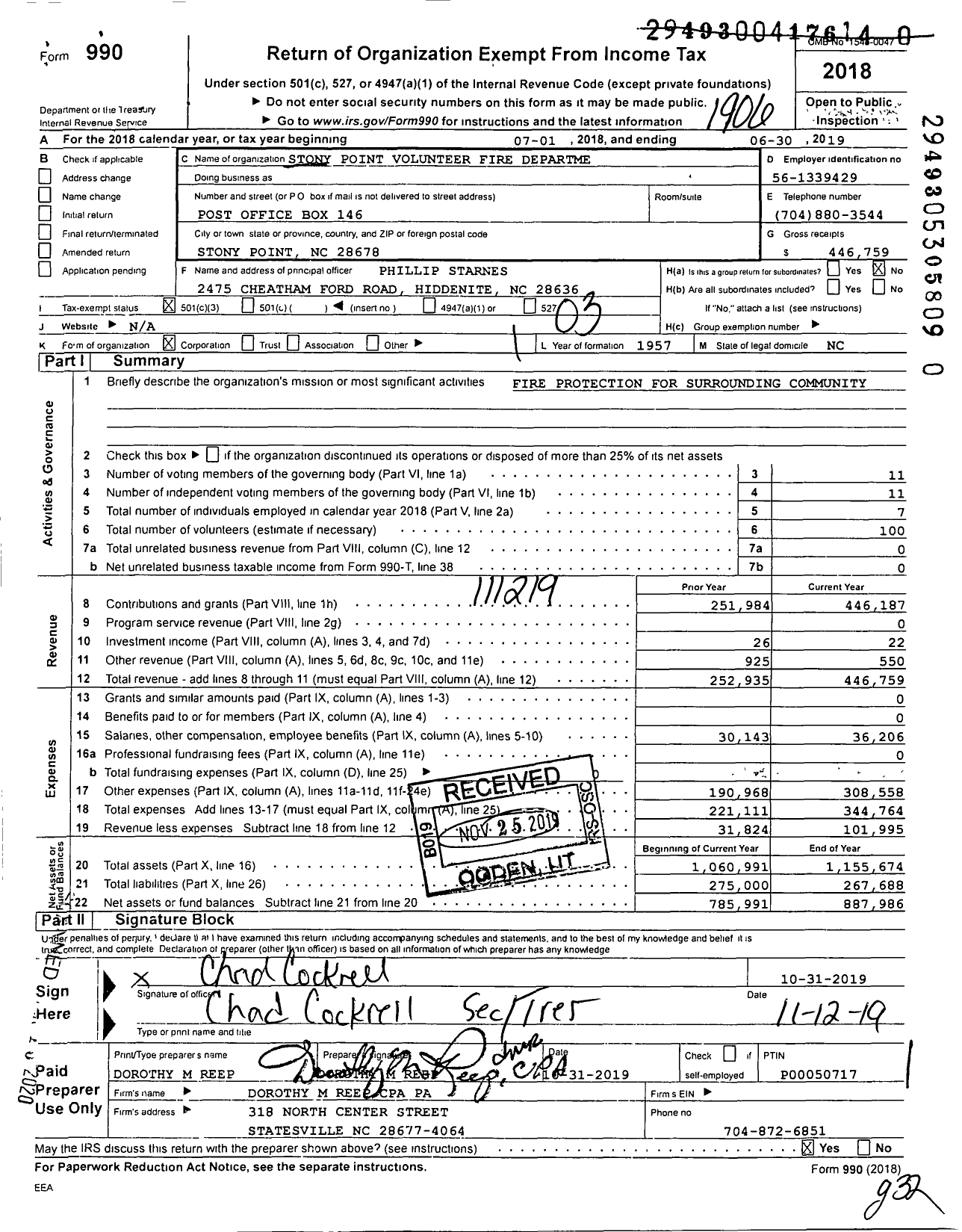 Image of first page of 2018 Form 990 for Stony Point Volunteer Fire Dept