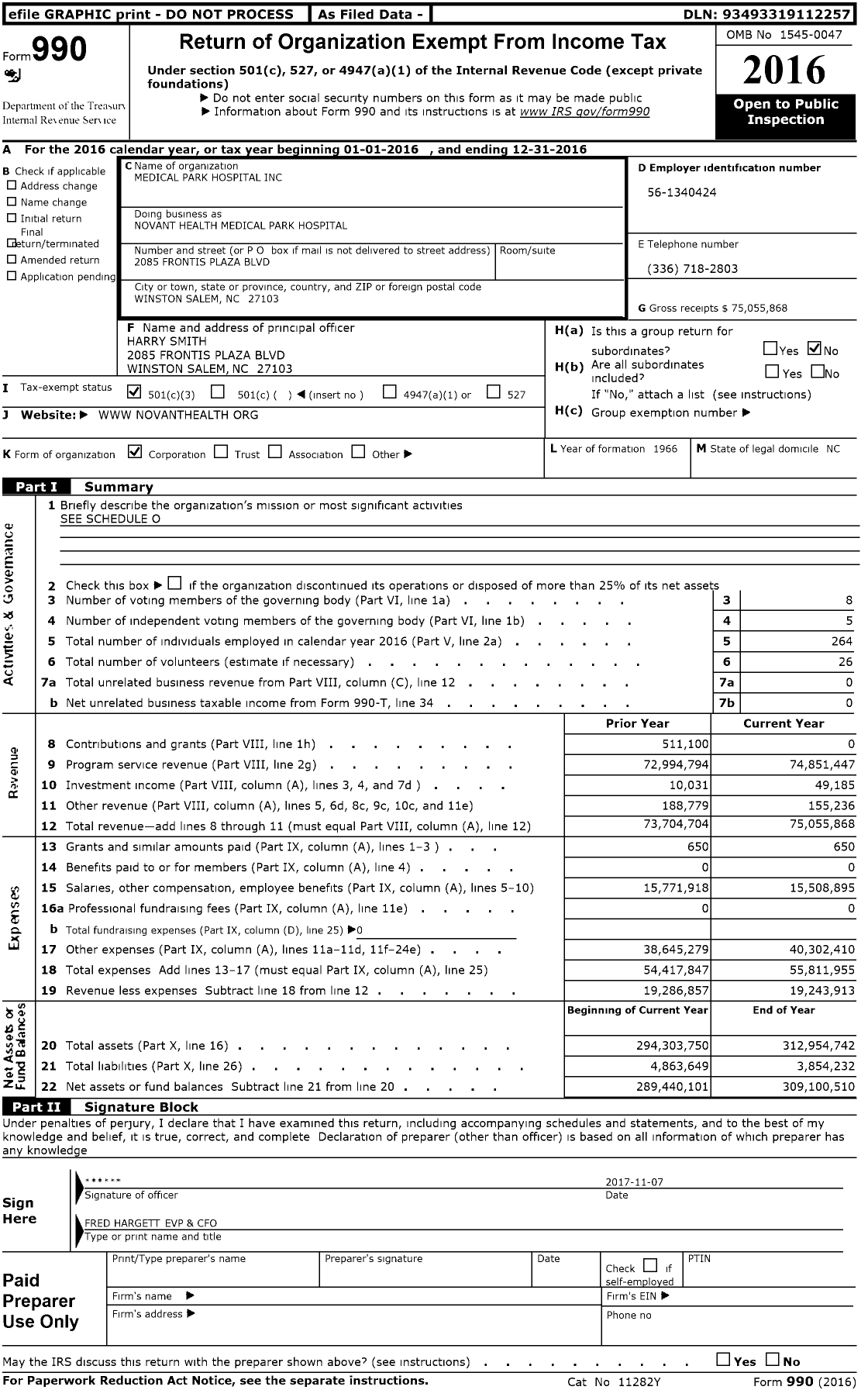 Image of first page of 2016 Form 990 for Novant Health Medical Park Hospital