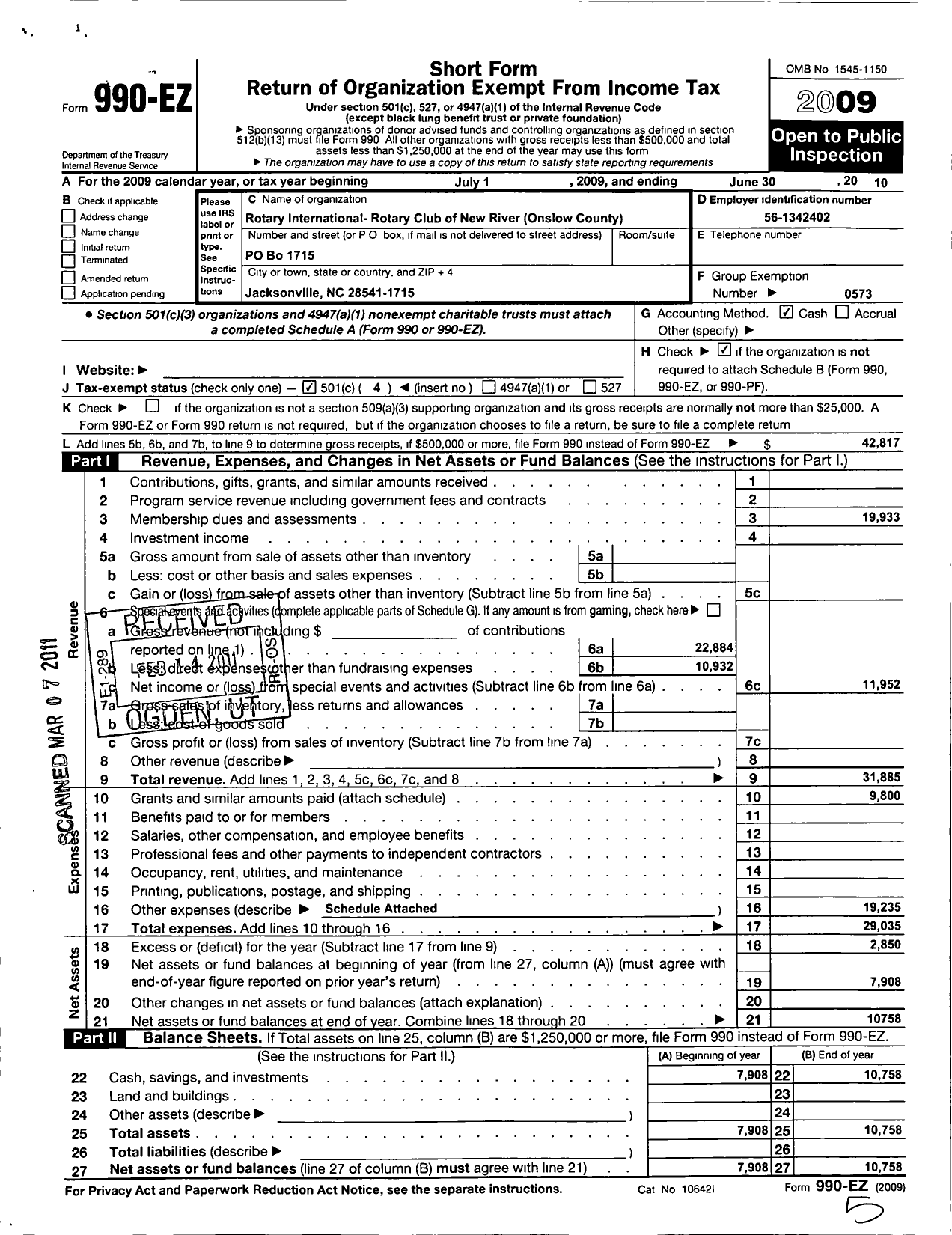 Image of first page of 2009 Form 990EO for Rotary International - New River Onslow County NC Rot CL