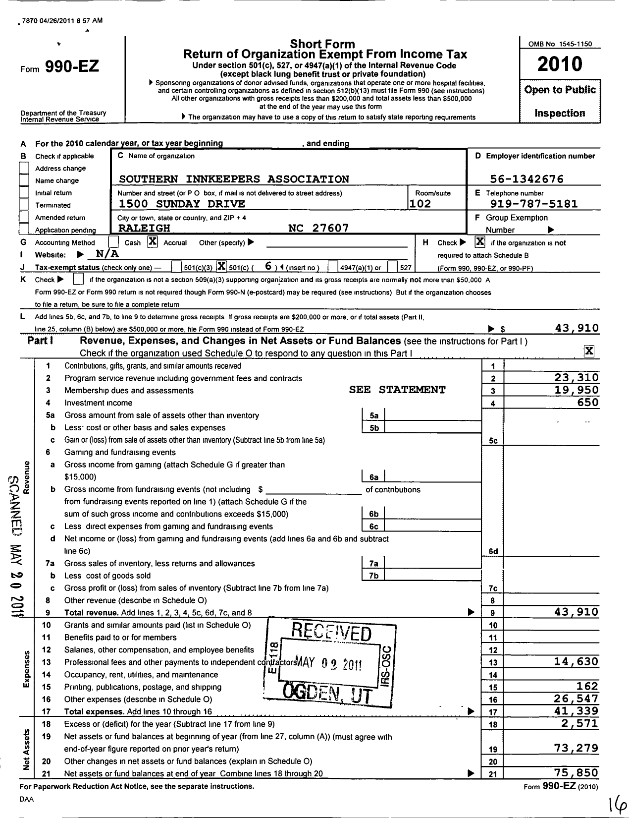 Image of first page of 2010 Form 990EO for Southern Innkeepers Association