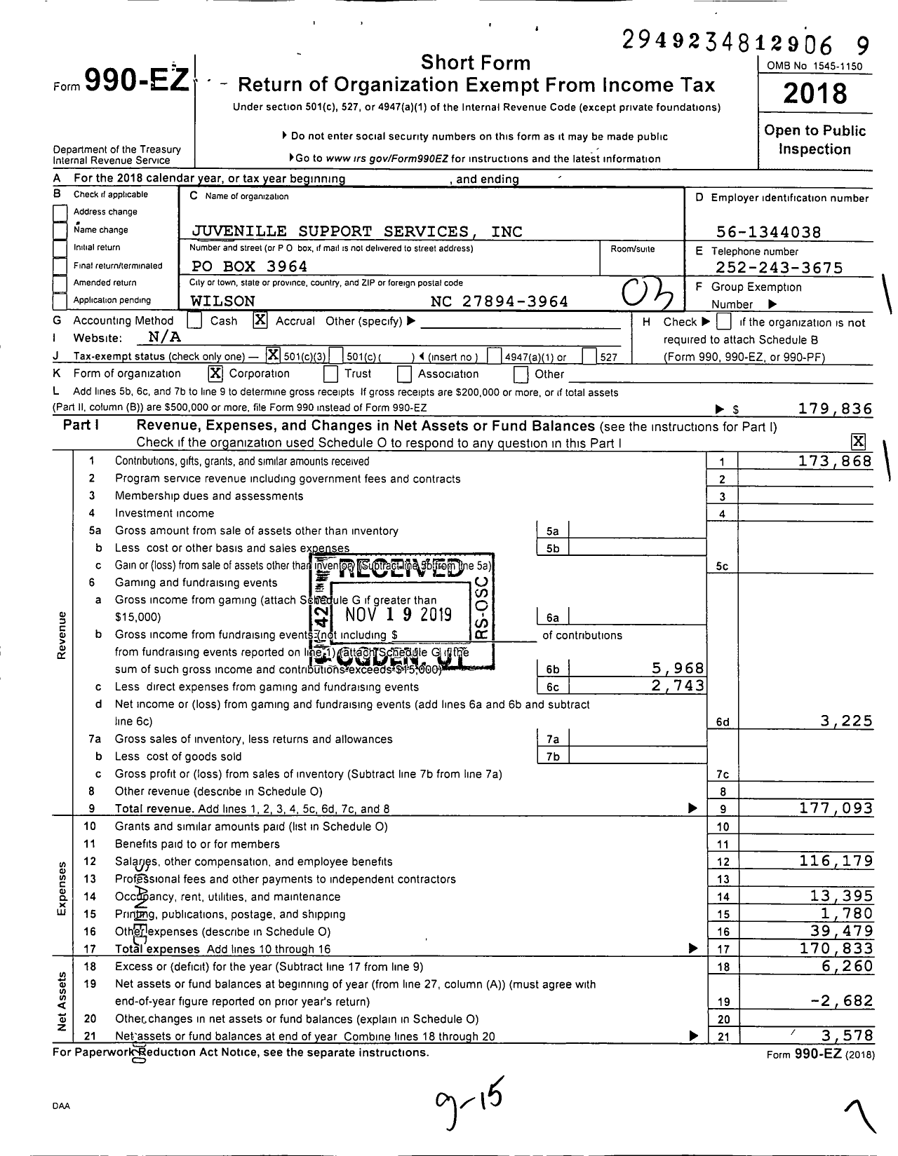 Image of first page of 2018 Form 990EZ for Juvenile Support Services