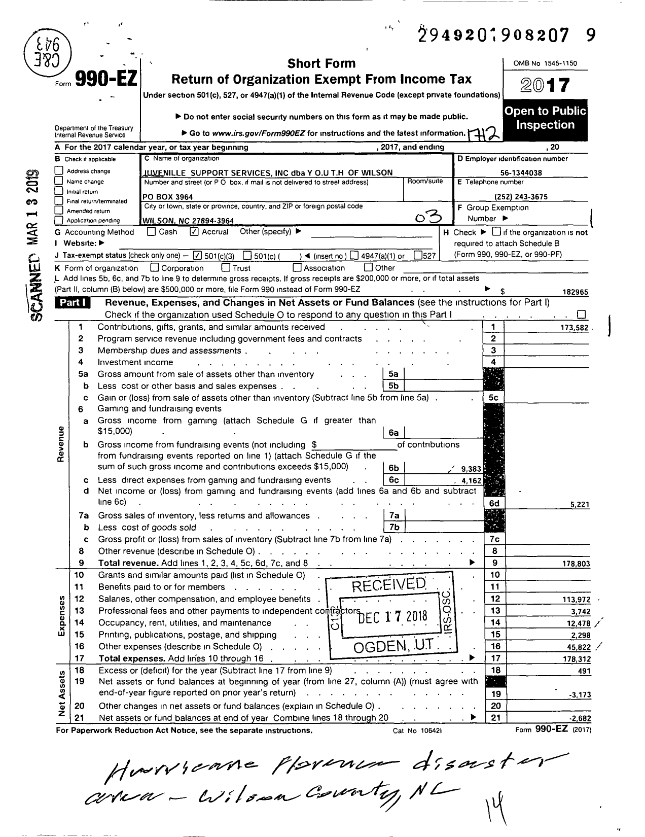 Image of first page of 2017 Form 990EZ for Juvenile Support Services